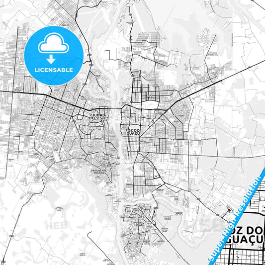 Foz do Iguacu, Brazil light map with streetnames, citynames and districts