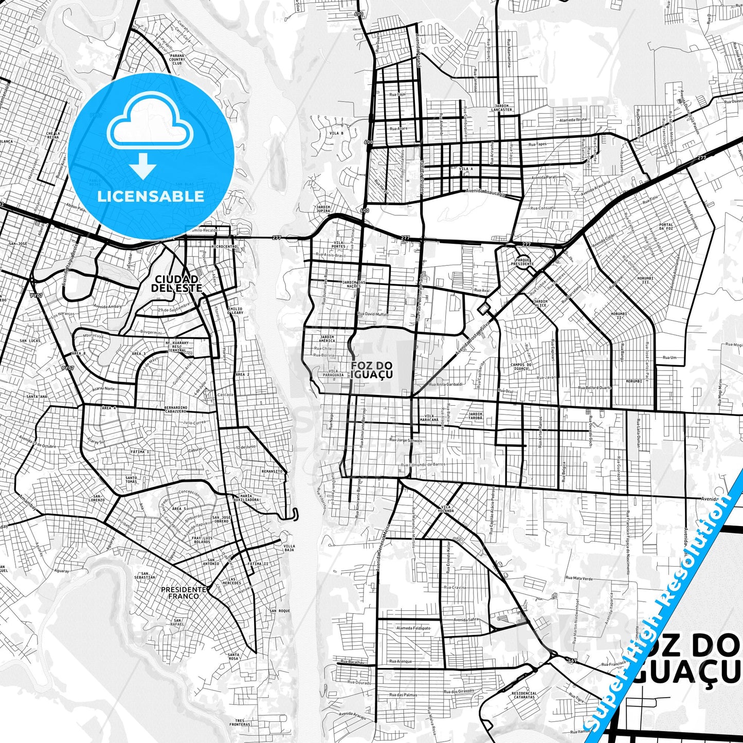 Foz do Iguacu, Brazil Light Map with Street Names, City Names, and Districts