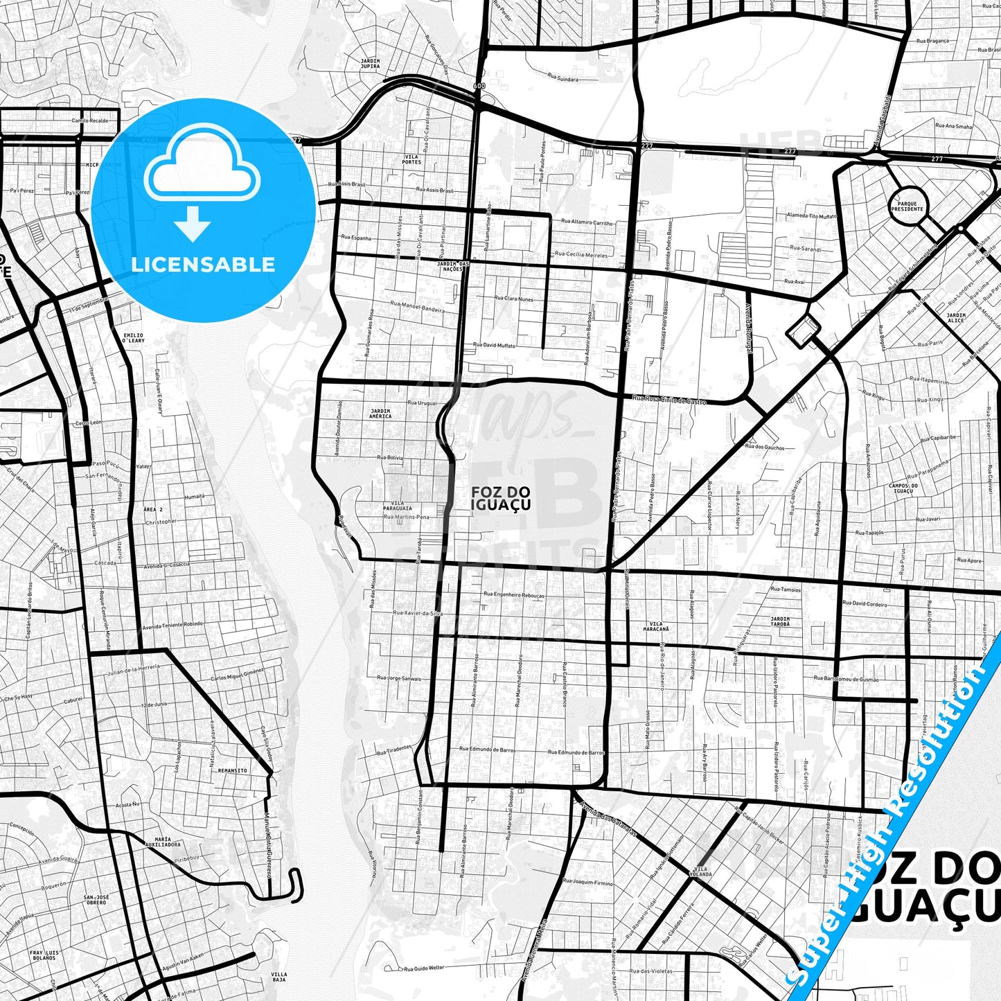 Foz do Iguacu, Brazil Light Map with Street Names, City Names, and Districts