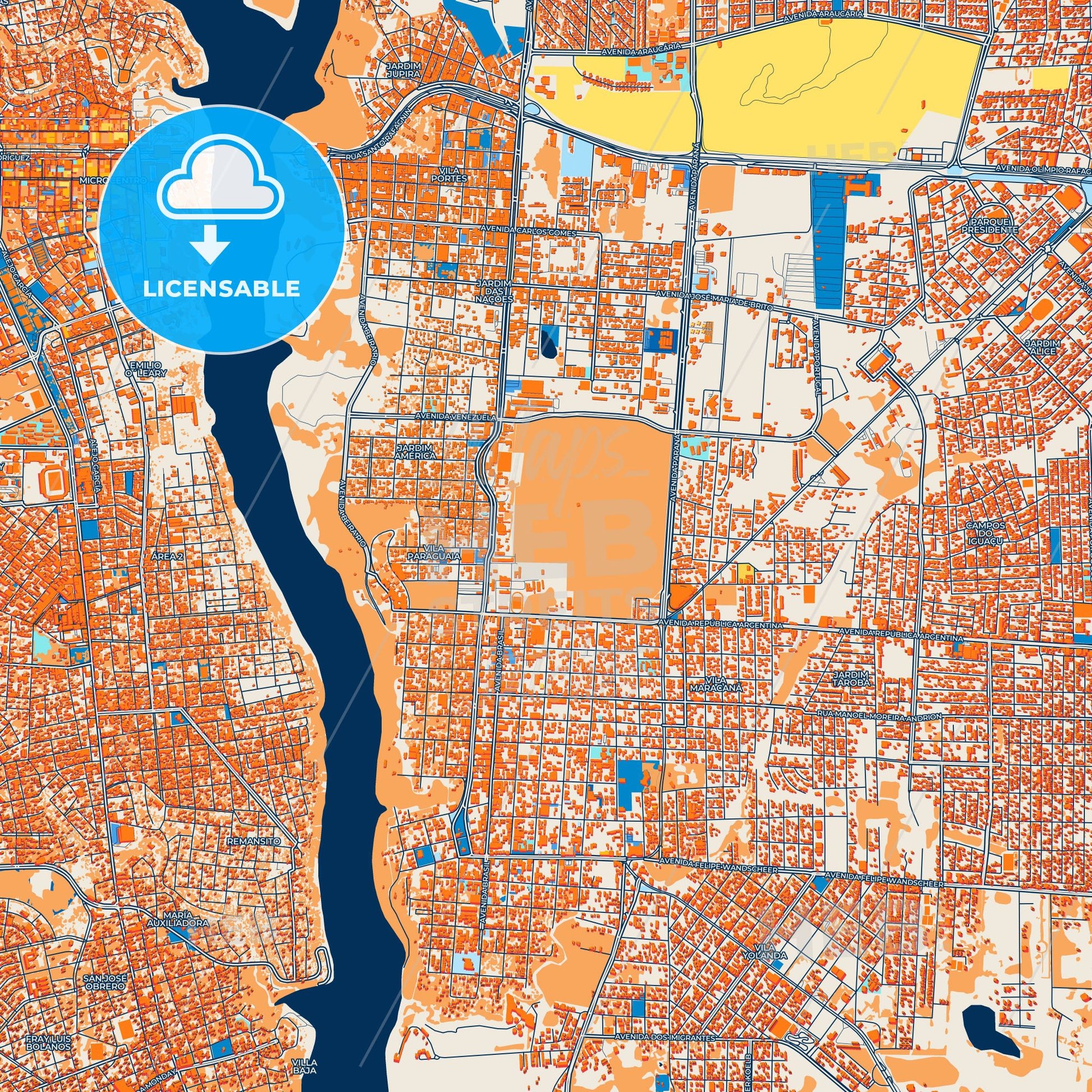 Colorful Foz do Iguacu Street Map with Labels and Buildings
