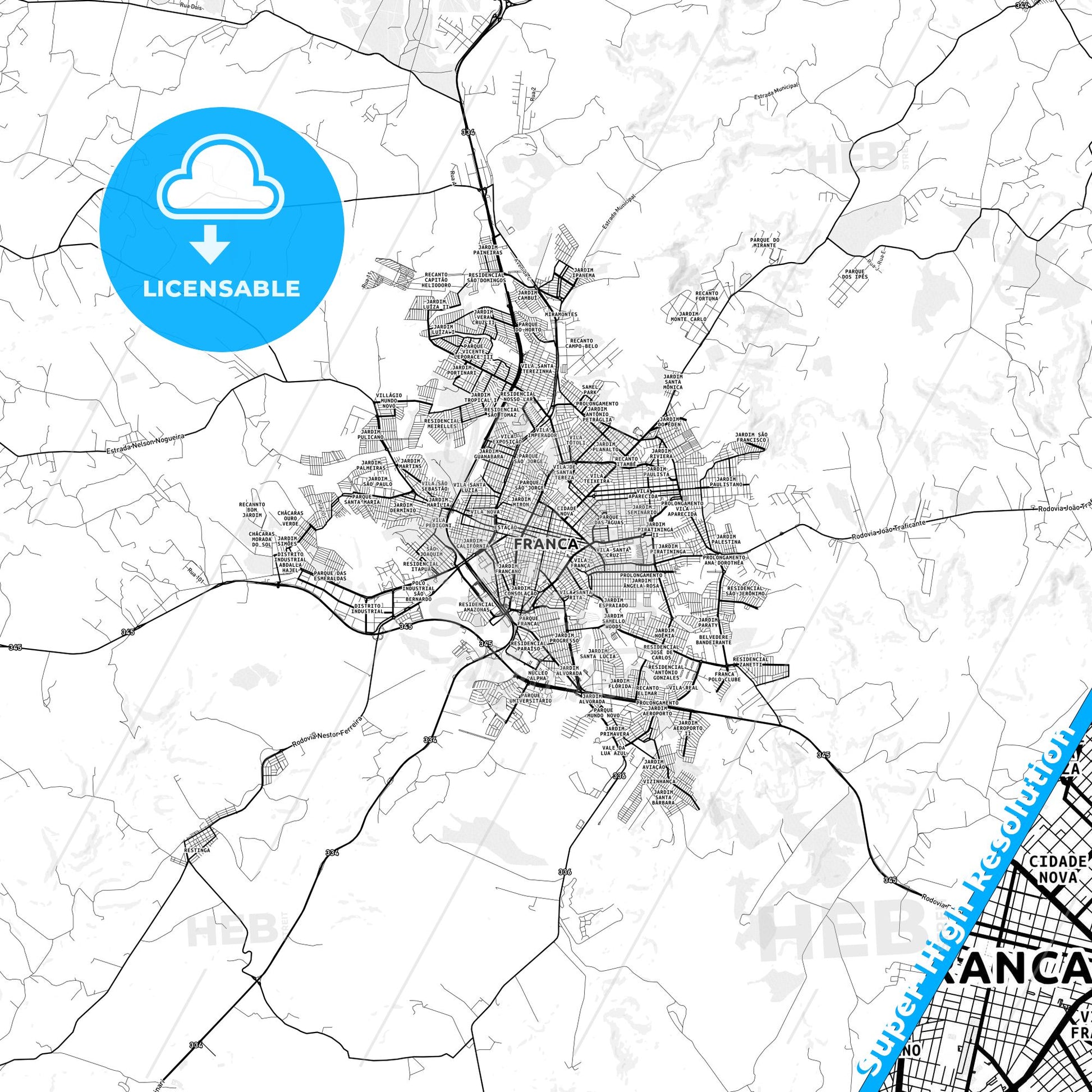 Franca, Brazil light map with streetnames, citynames and districts