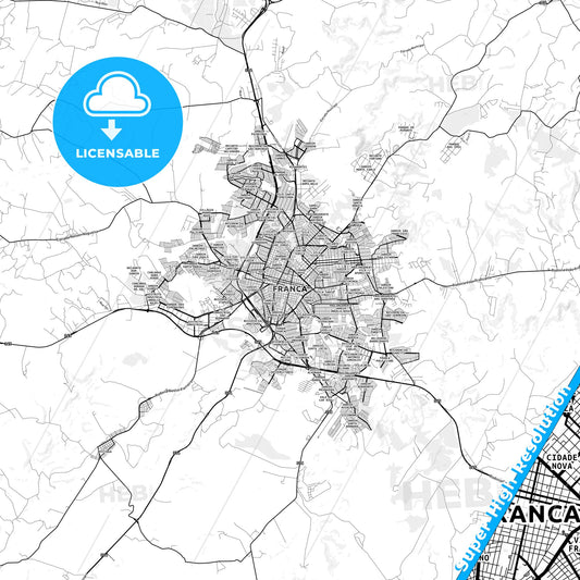 Franca, Brazil light map with streetnames, citynames and districts