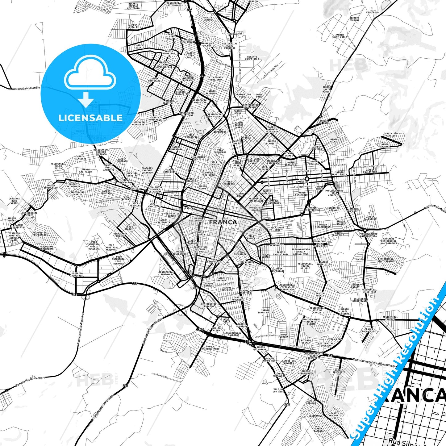 Franca, Brazil Light Map with Street Names, City Names, and Districts