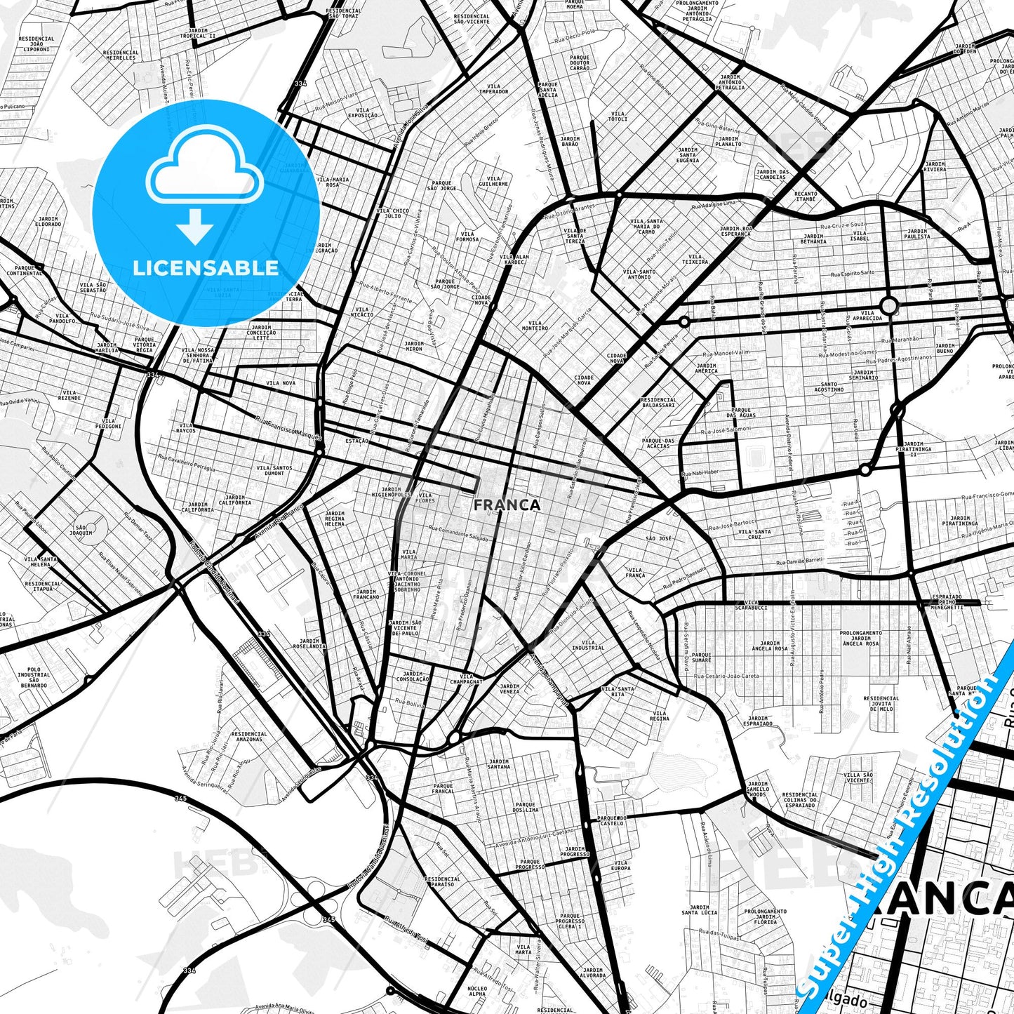 Franca, Brazil Light Map with Street Names, City Names, and Districts