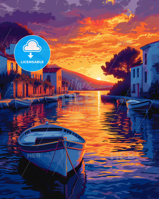 Vibrant, artistic painting of a boat in the idyllic waters of France, Europe