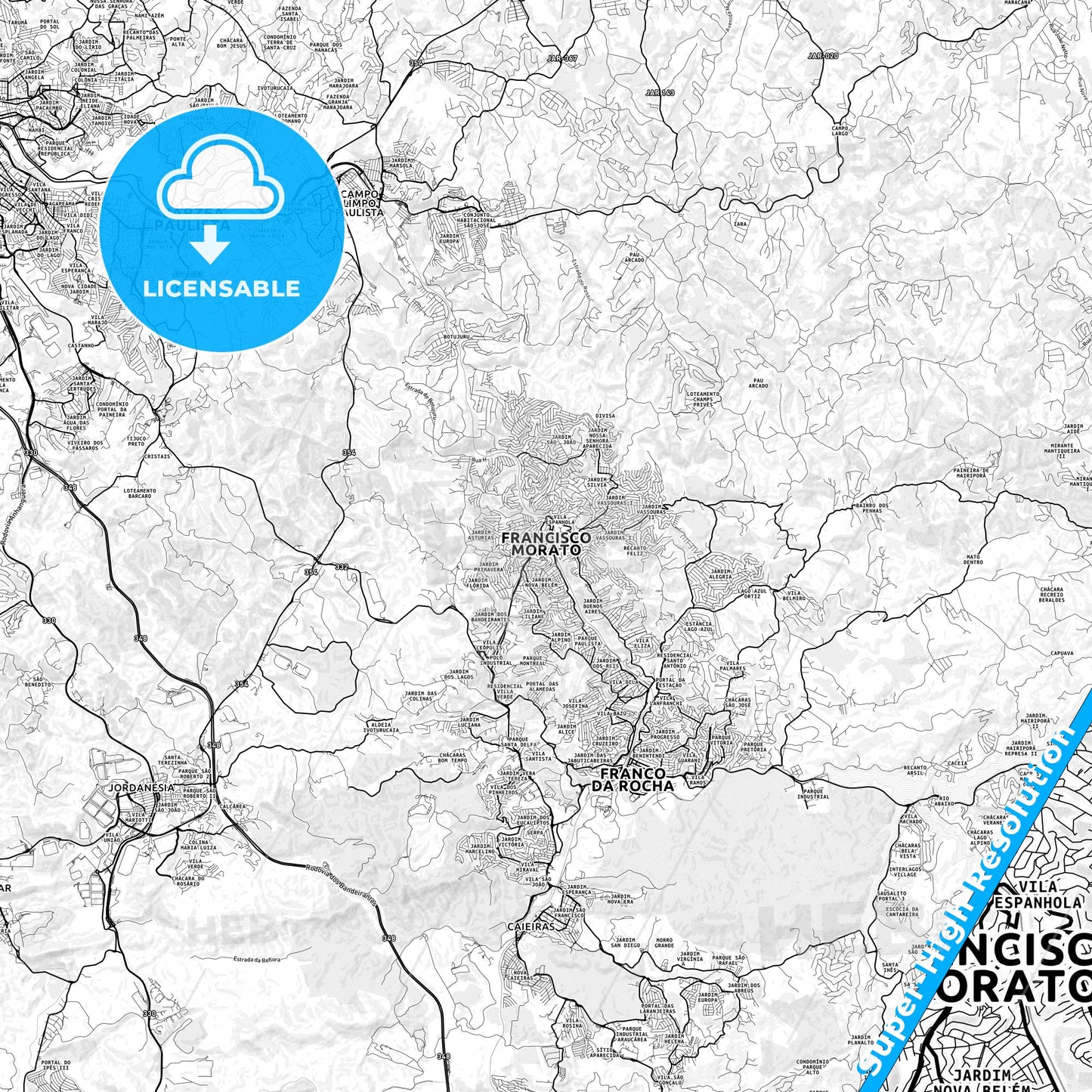 Francisco Morato, Brazil light map with streetnames, citynames and districts