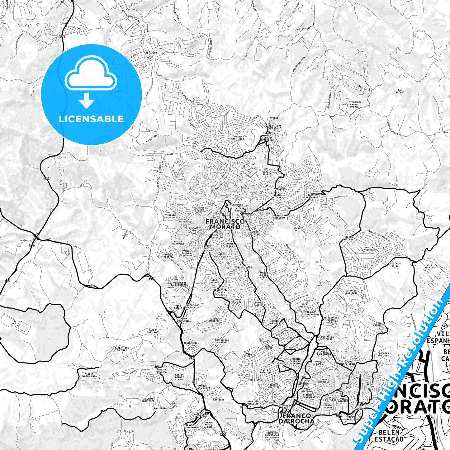 Francisco Morato, Brazil Light Map with Street Names, City Names, and Districts