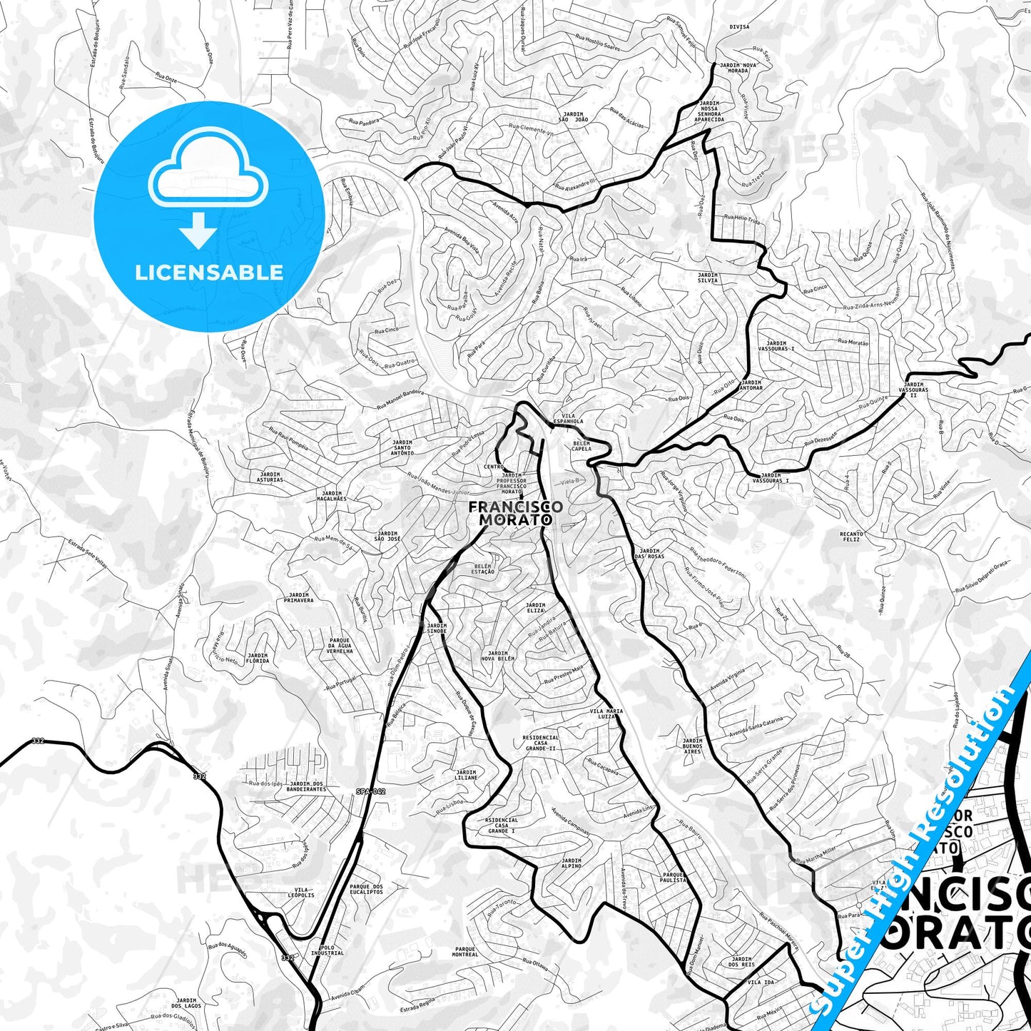Francisco Morato, Brazil Light Map with Street Names, City Names, and Districts