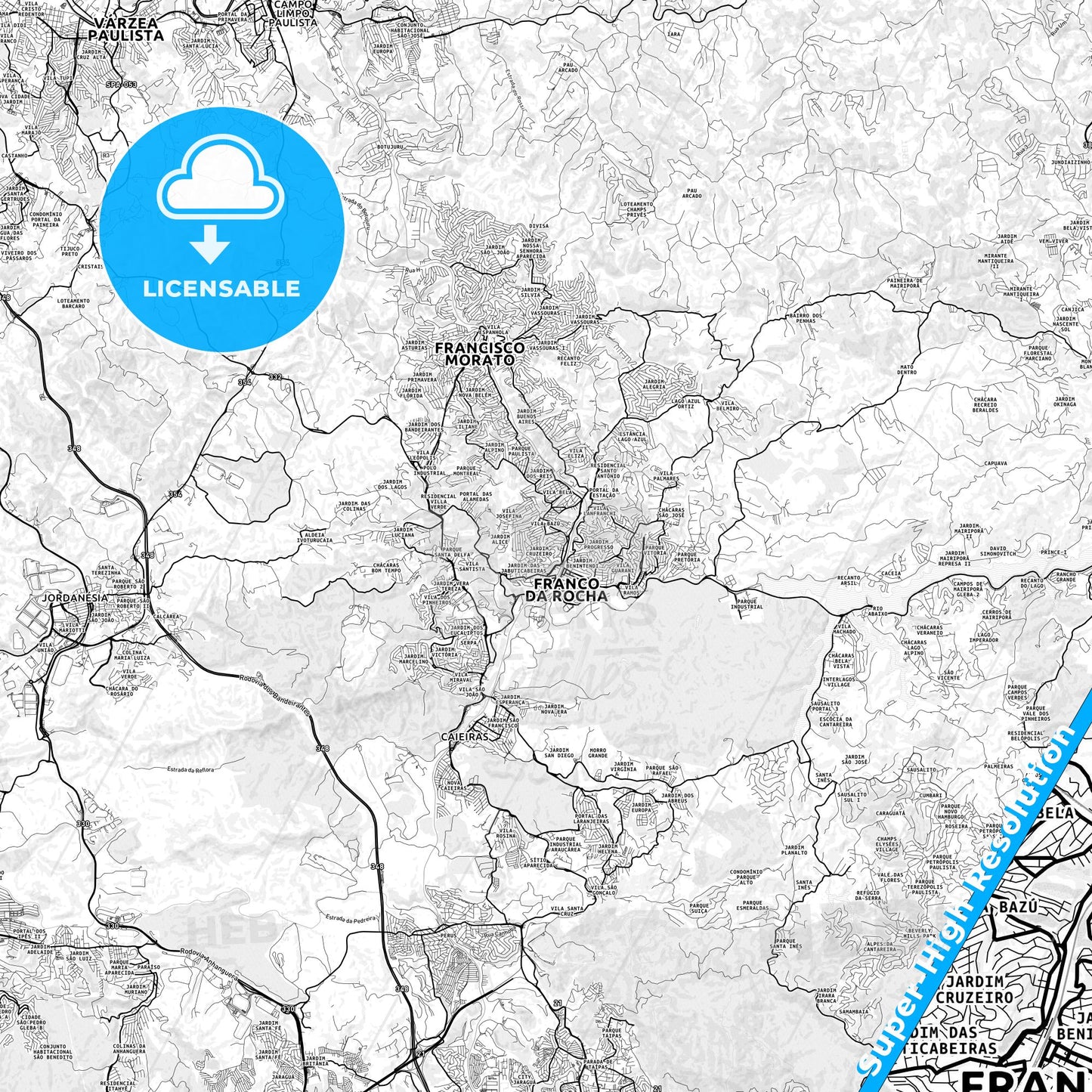 Franco da Rocha, Brazil light map with streetnames, citynames and districts