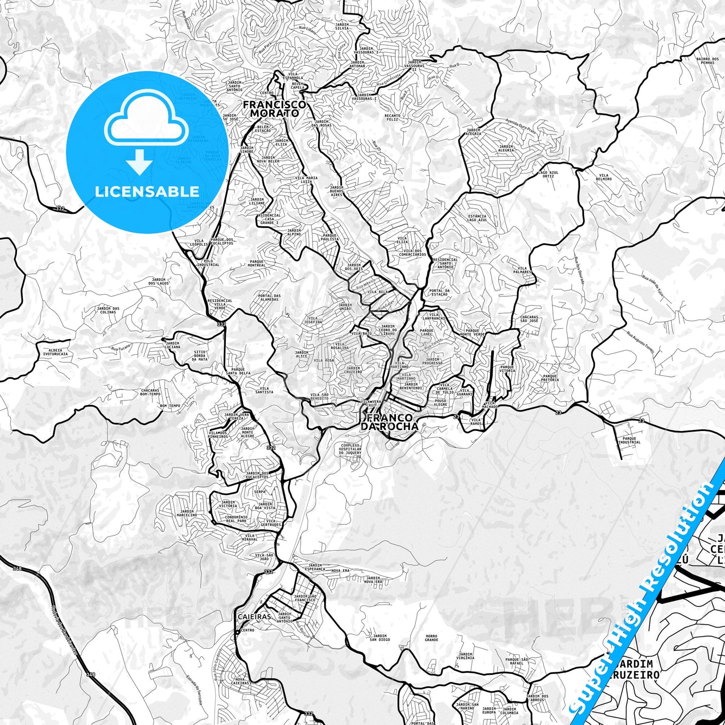 Franco da Rocha, Brazil Light Map with Street Names, City Names, and Districts