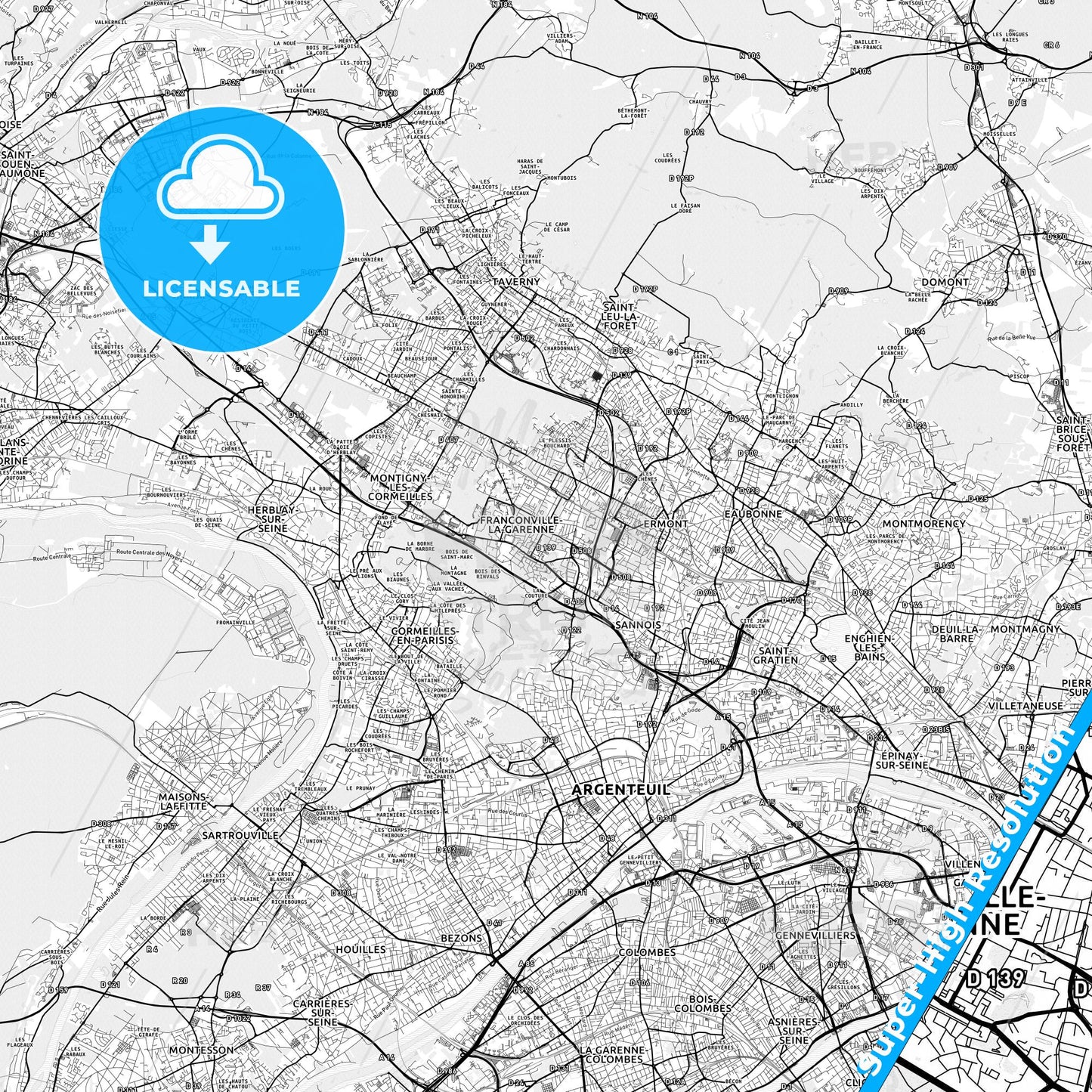 Franconville, France light map with streetnames, citynames and districts
