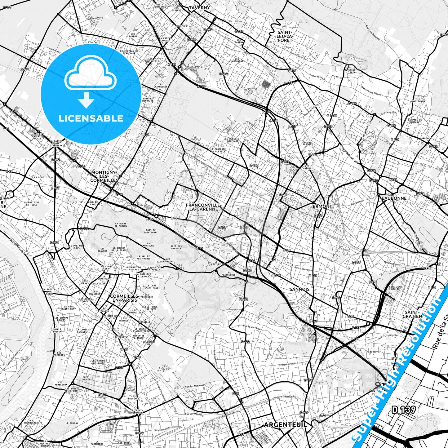 Franconville, France Light Map with Street Names, City Names, and Districts