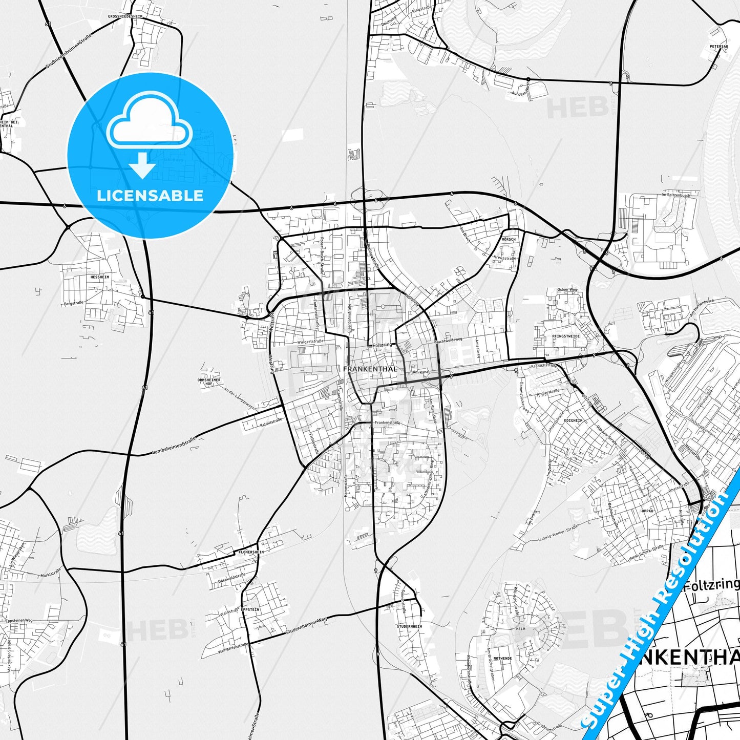Frankenthal (Pfalz), Germany Light Map with Street Names, City Names, and Districts