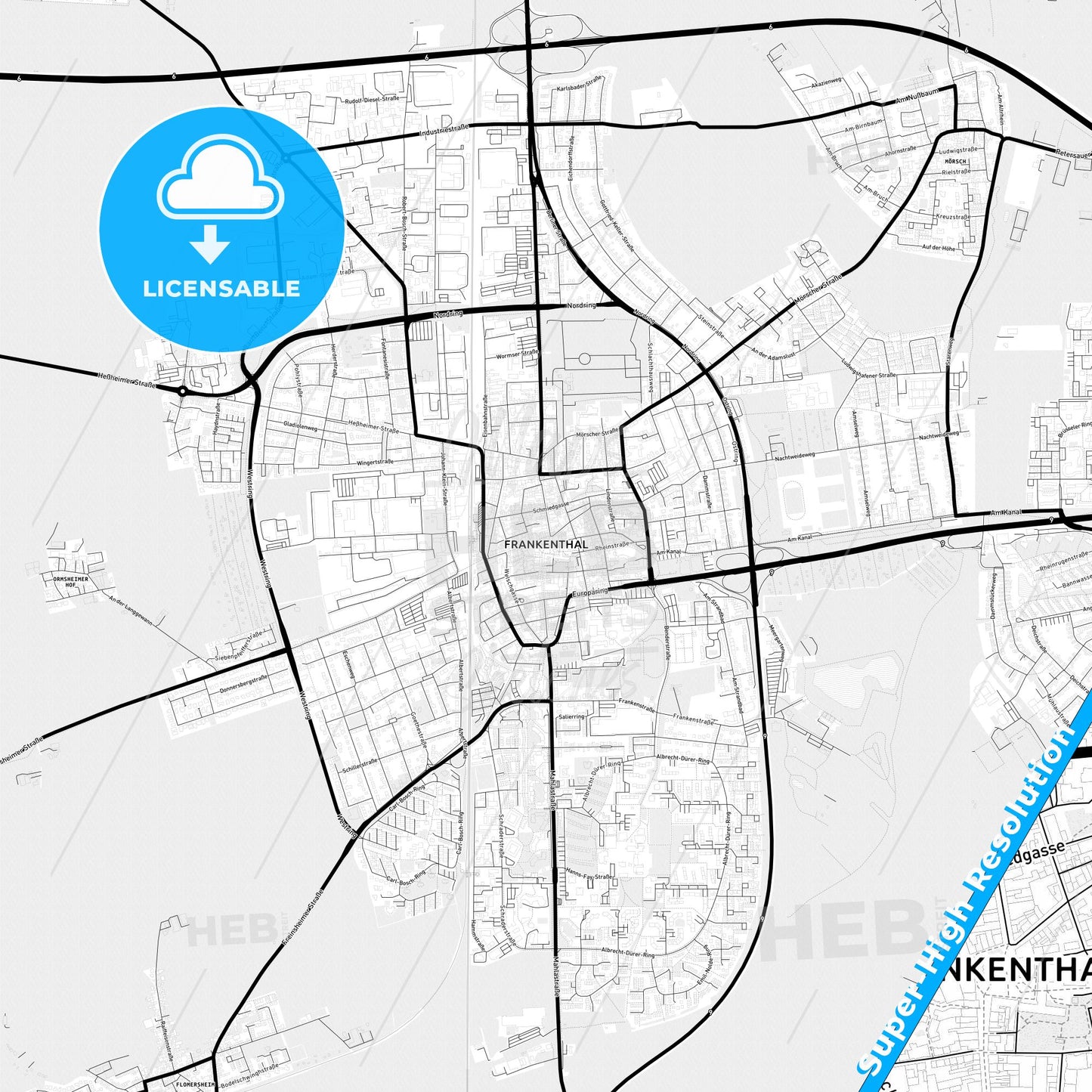 Frankenthal (Pfalz), Germany Light Map with Street Names, City Names, and Districts