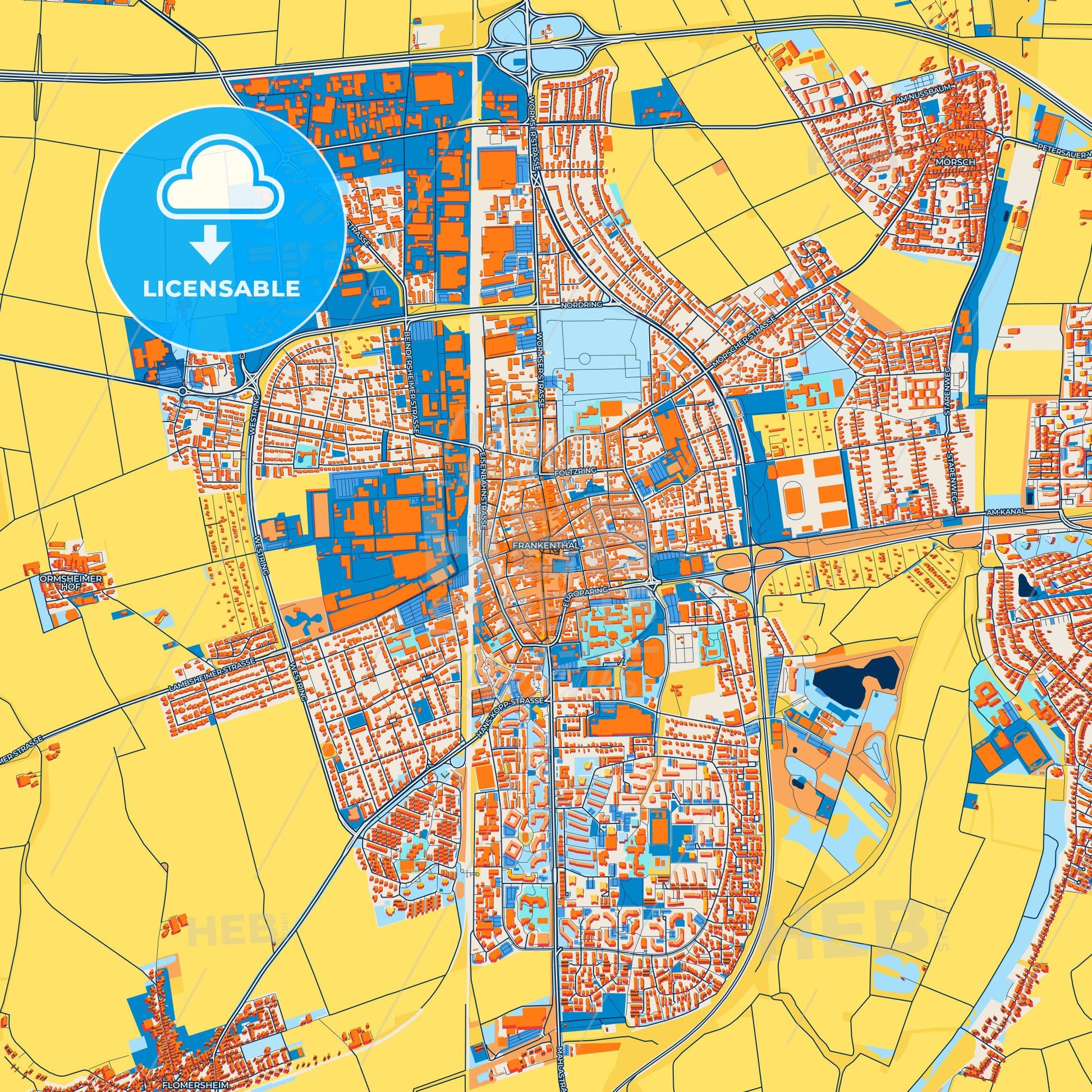 Colorful Frankenthal (Pfalz) Street Map with Labels and Buildings