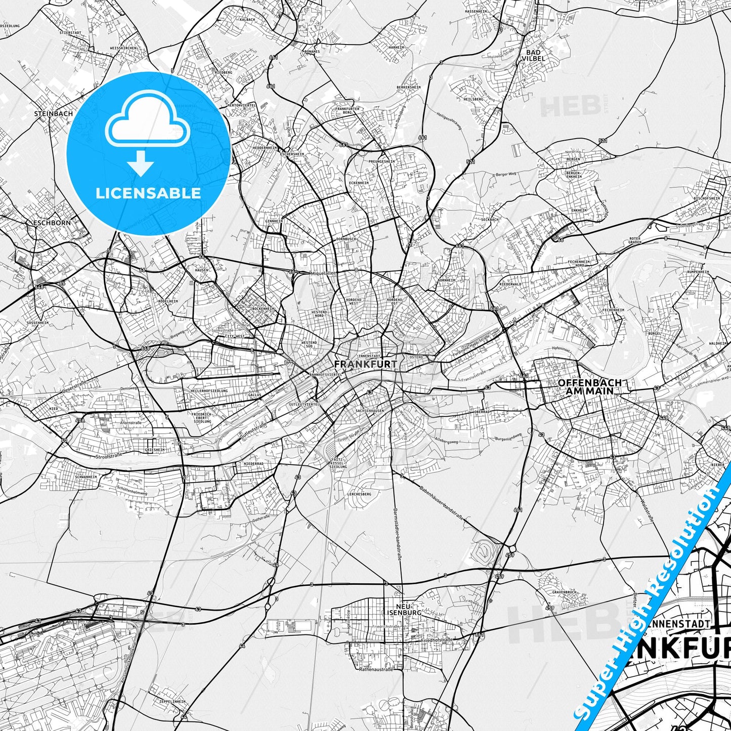 Frankfurt am Main, Germany light map with streetnames, citynames and districts