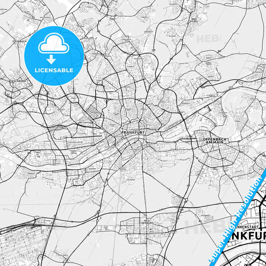 Frankfurt am Main, Germany light map with streetnames, citynames and districts