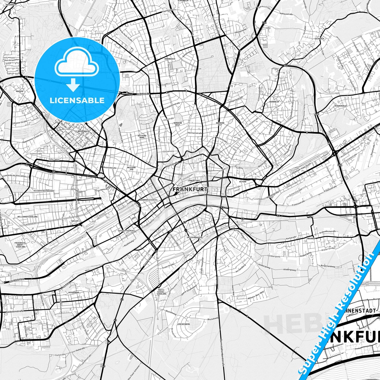 Frankfurt am Main, Germany Light Map with Street Names, City Names, and Districts