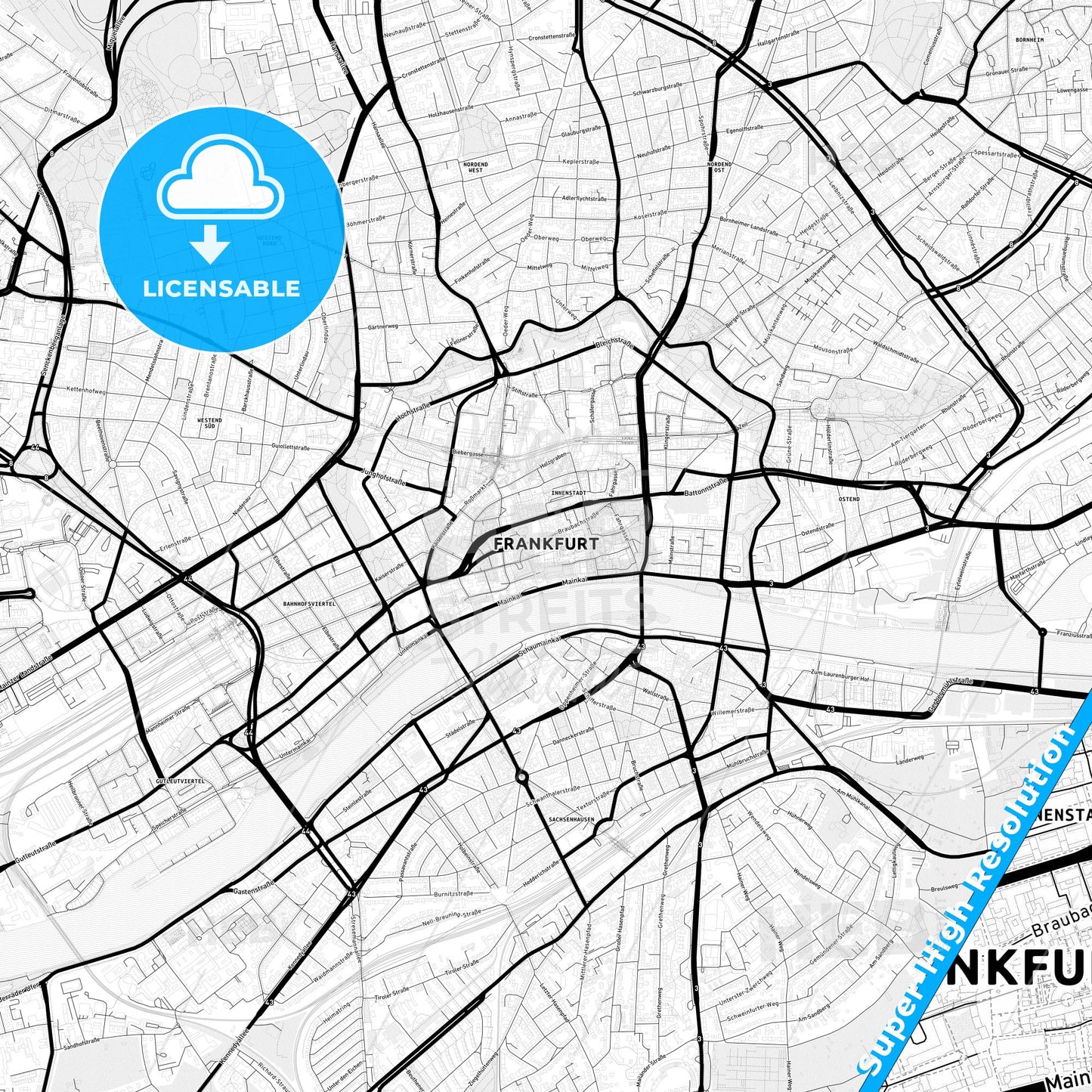 Frankfurt am Main, Germany Light Map with Street Names, City Names, and Districts