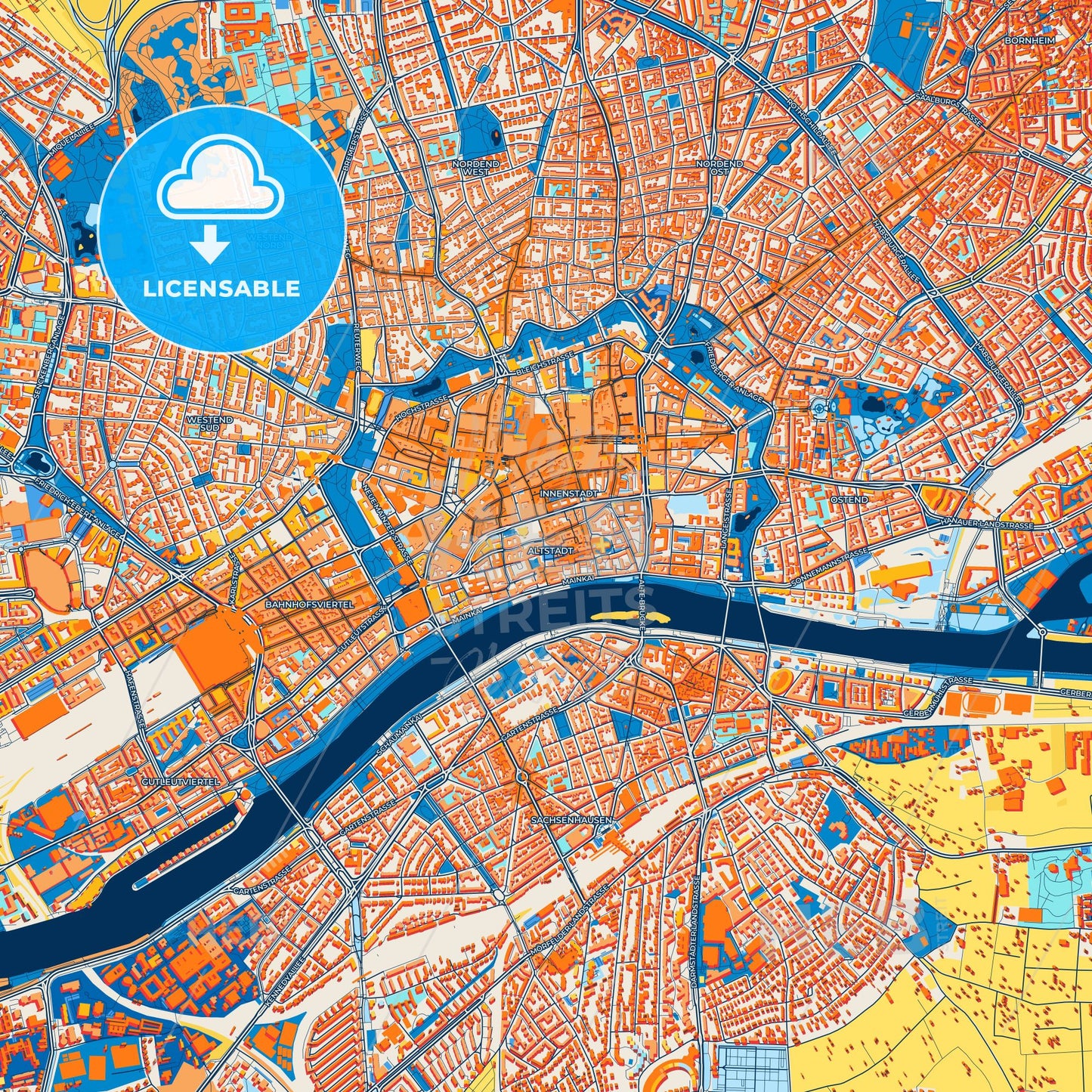 Colorful Frankfurt am Main Street Map with Labels and Buildings