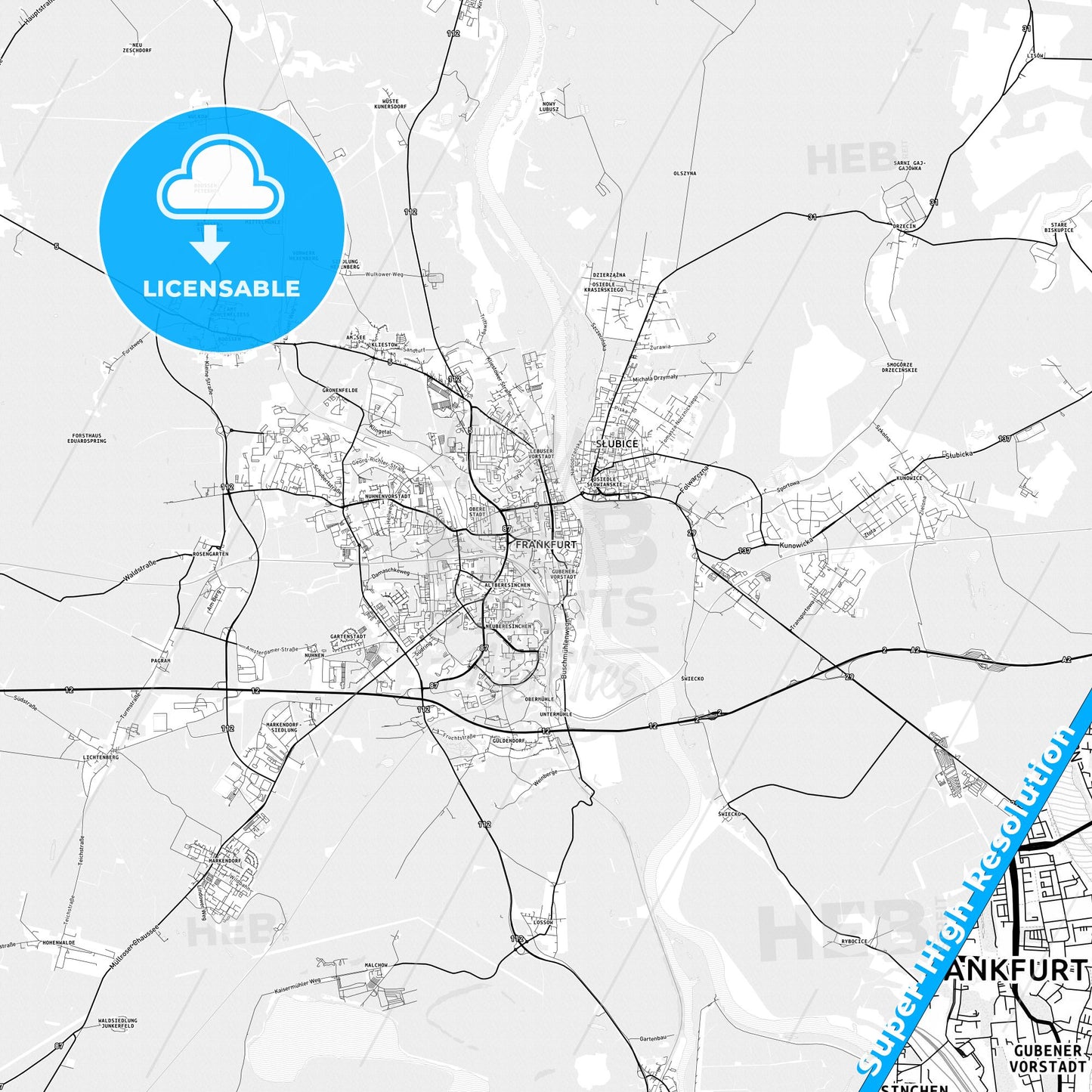 Frankfurt (Oder), Germany light map with streetnames, citynames and districts