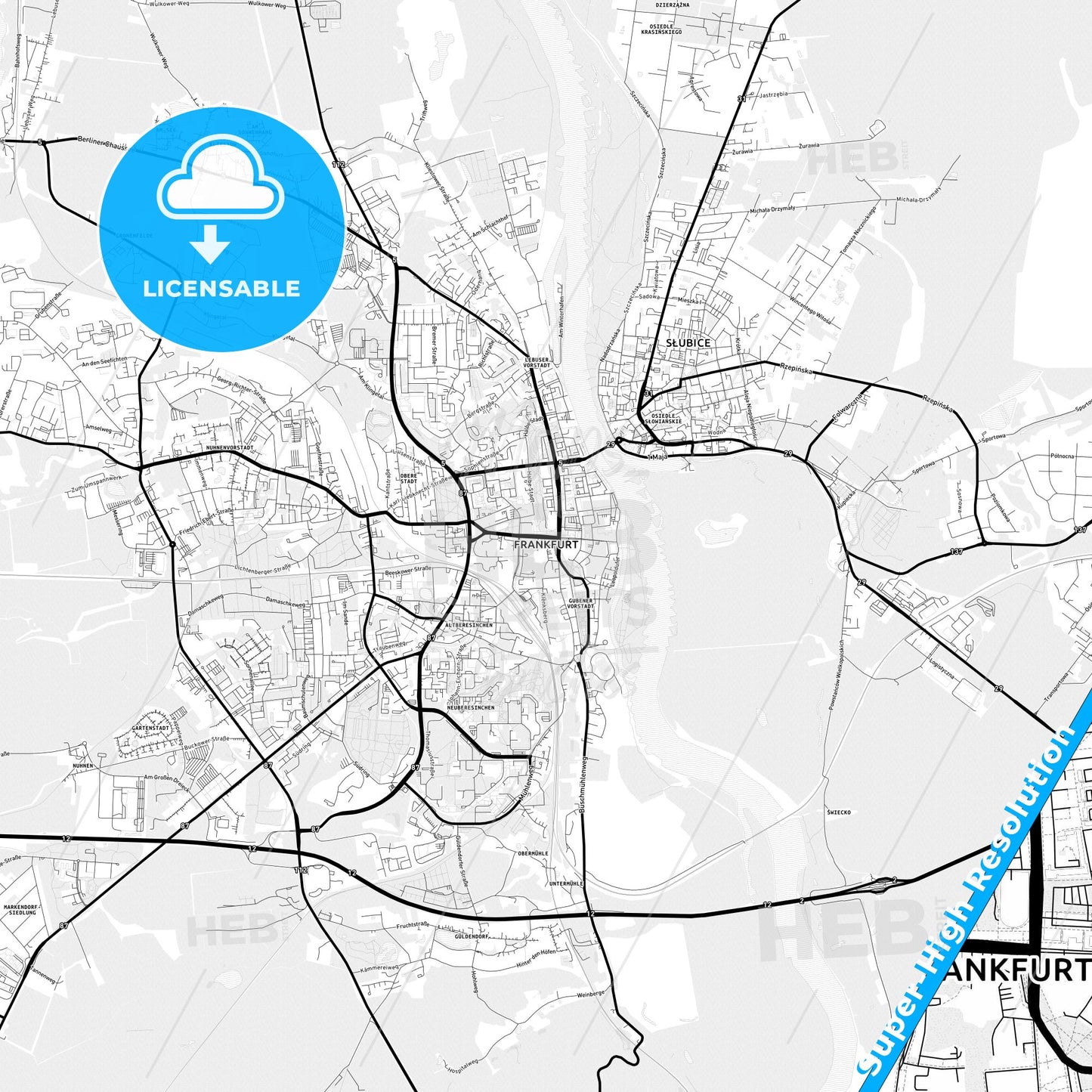 Frankfurt (Oder), Germany Light Map with Street Names, City Names, and Districts