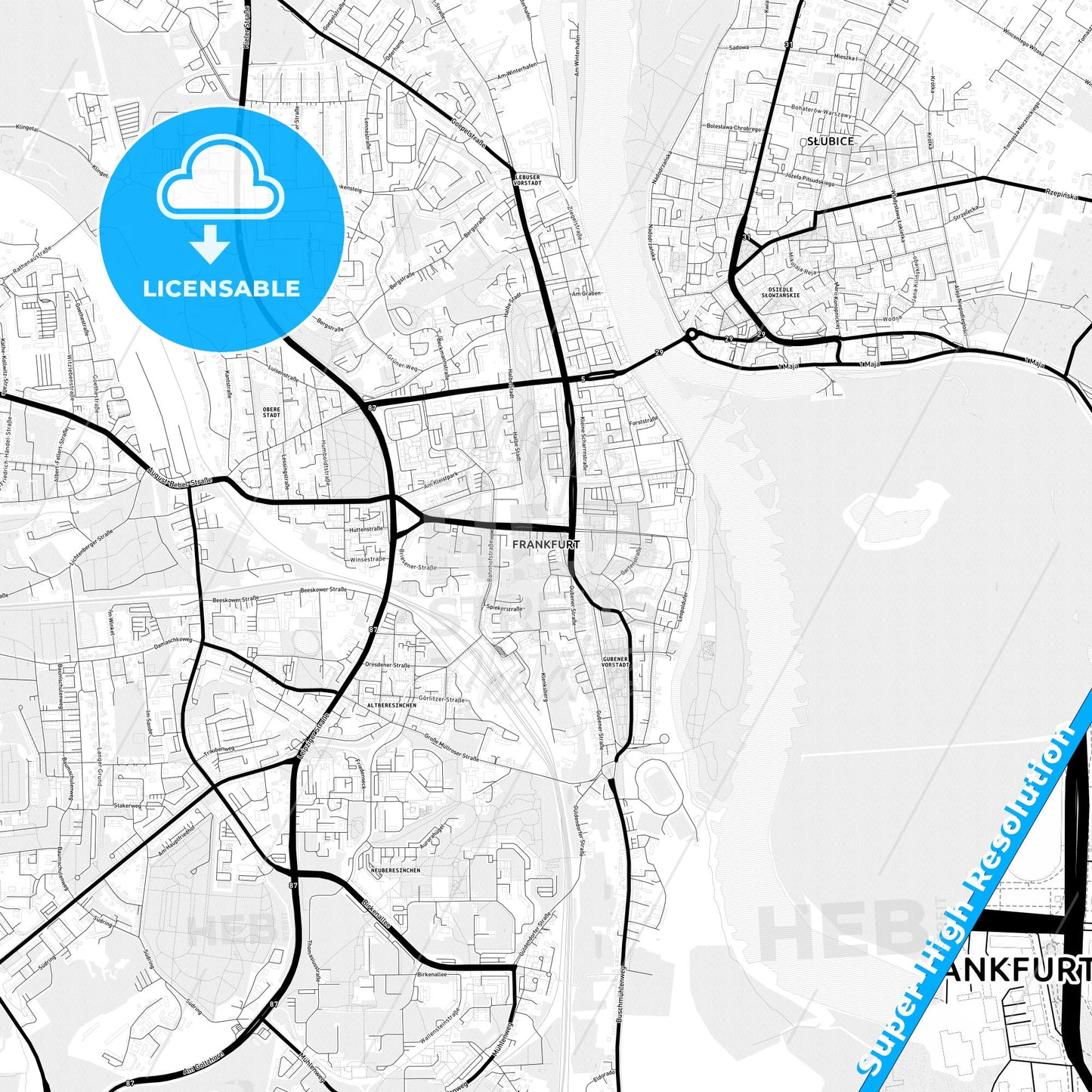 Frankfurt (Oder), Germany Light Map with Street Names, City Names, and Districts