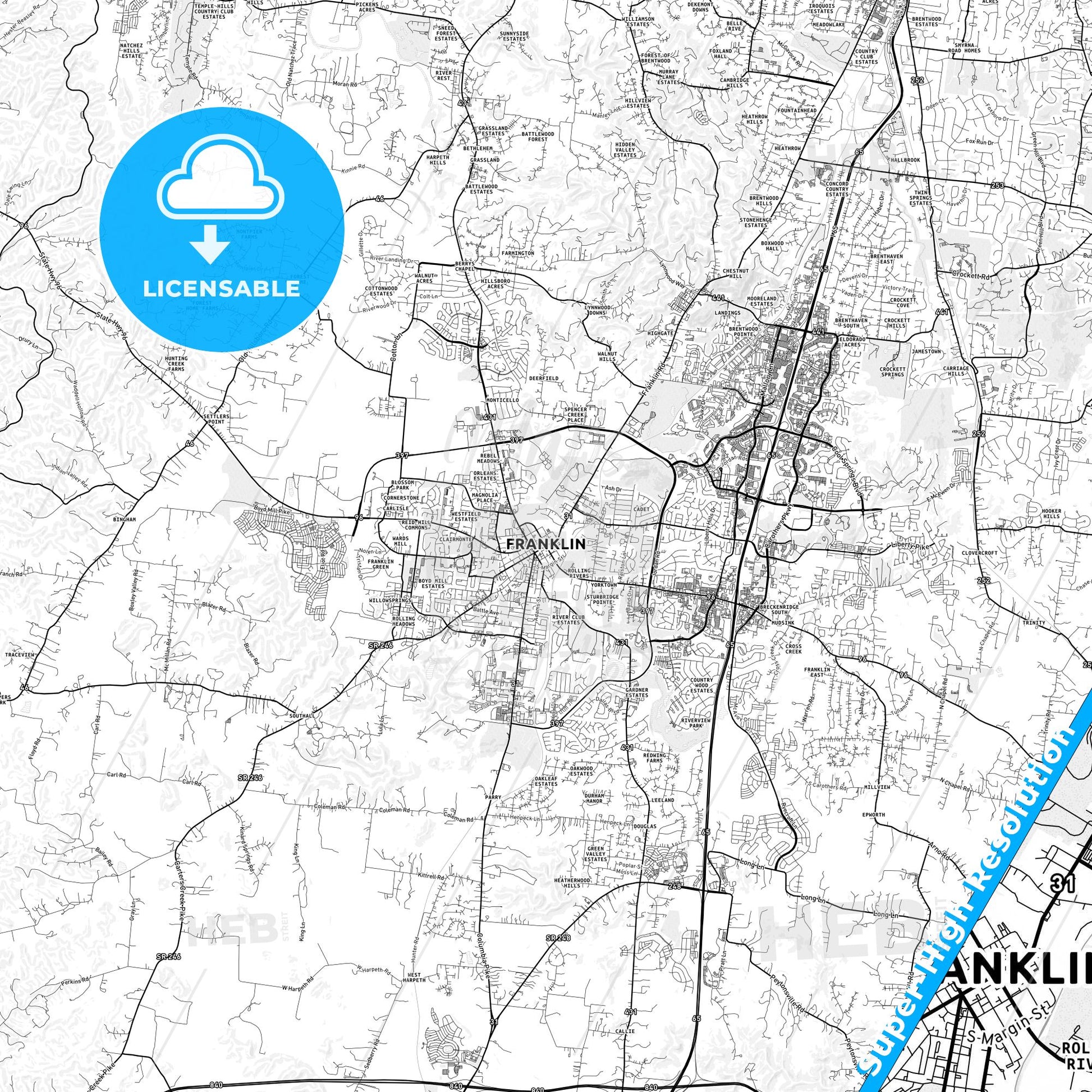 Franklin, Tennessee light map with streetnames, citynames and districts