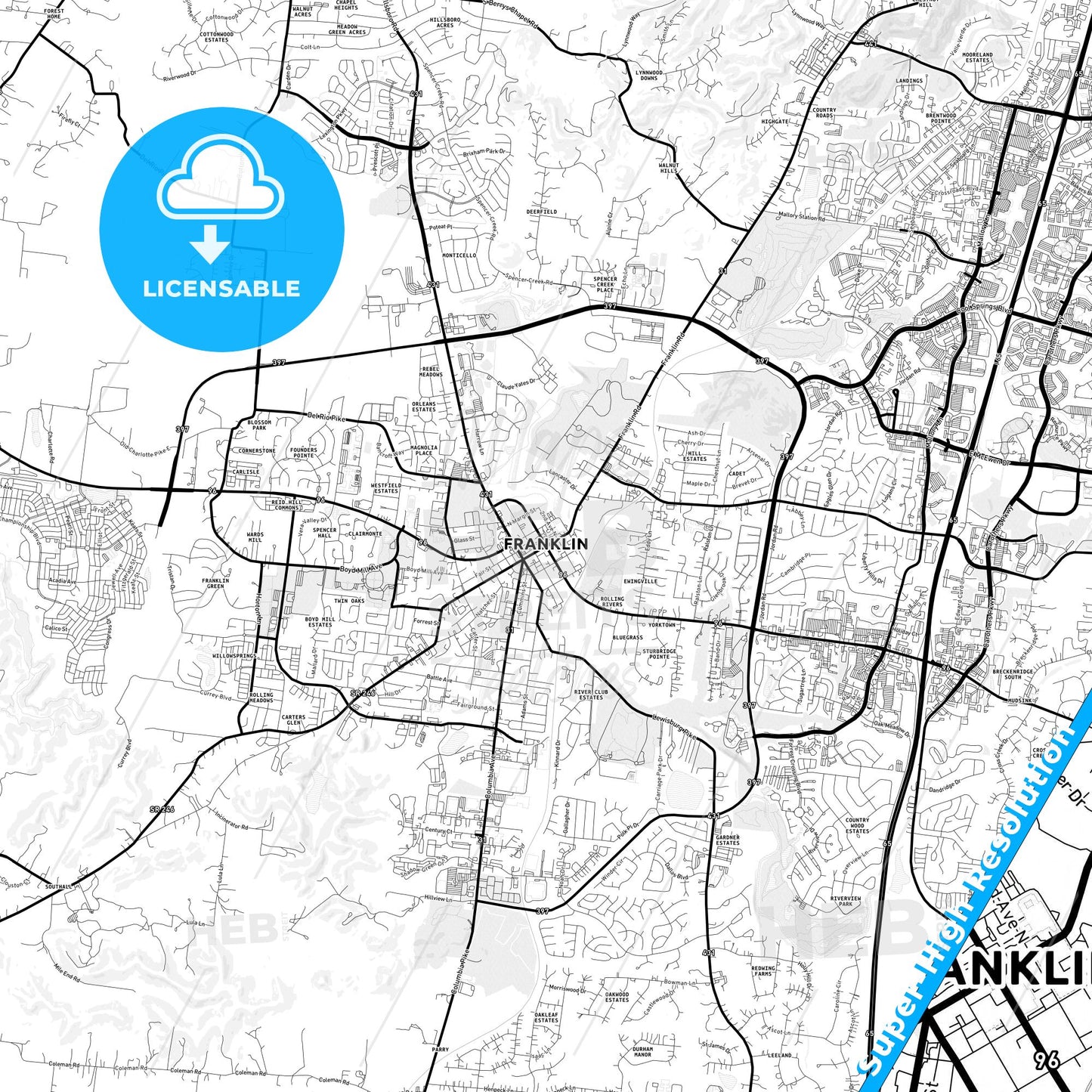 Franklin, Tennessee Light Map with Street Names, City Names, and Districts
