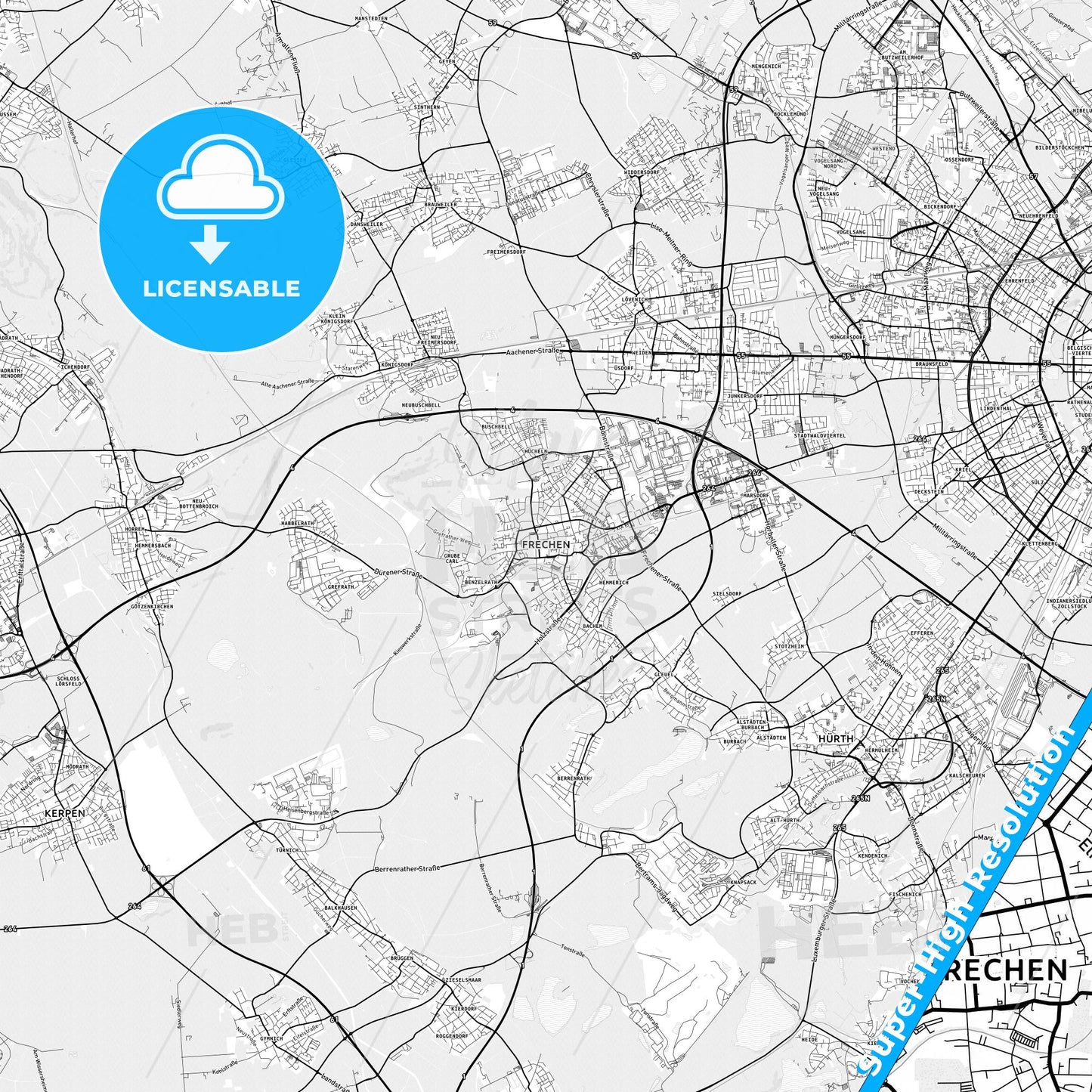 Frechen, Germany light map with streetnames, citynames and districts