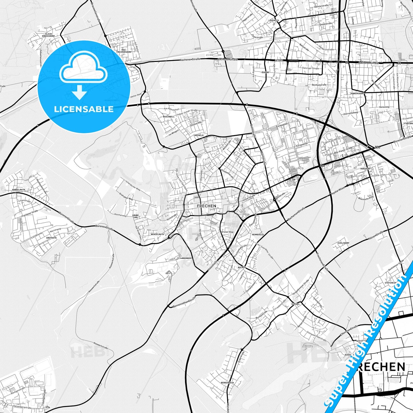Frechen, Germany Light Map with Street Names, City Names, and Districts
