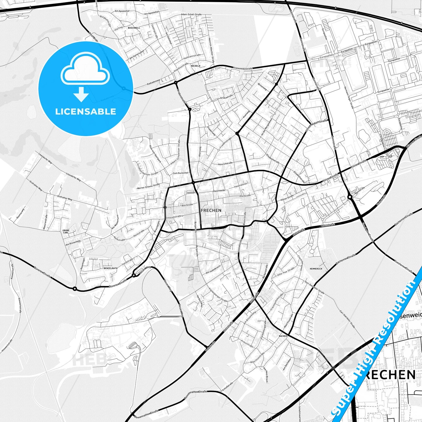 Frechen, Germany Light Map with Street Names, City Names, and Districts
