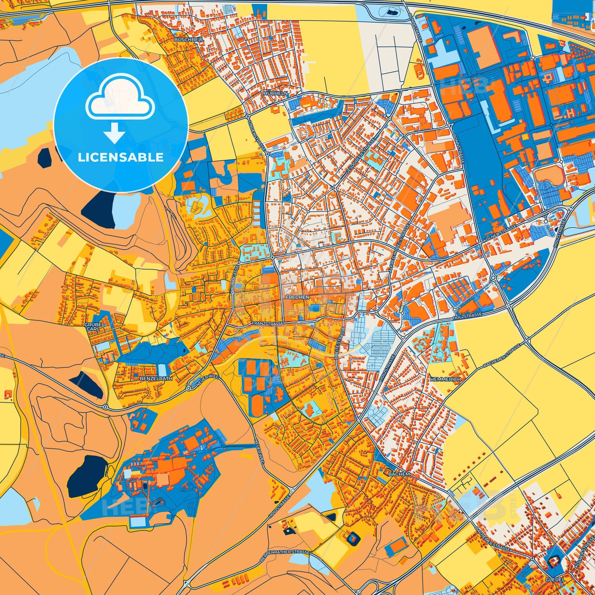 Colorful Frechen Street Map with Labels and Buildings