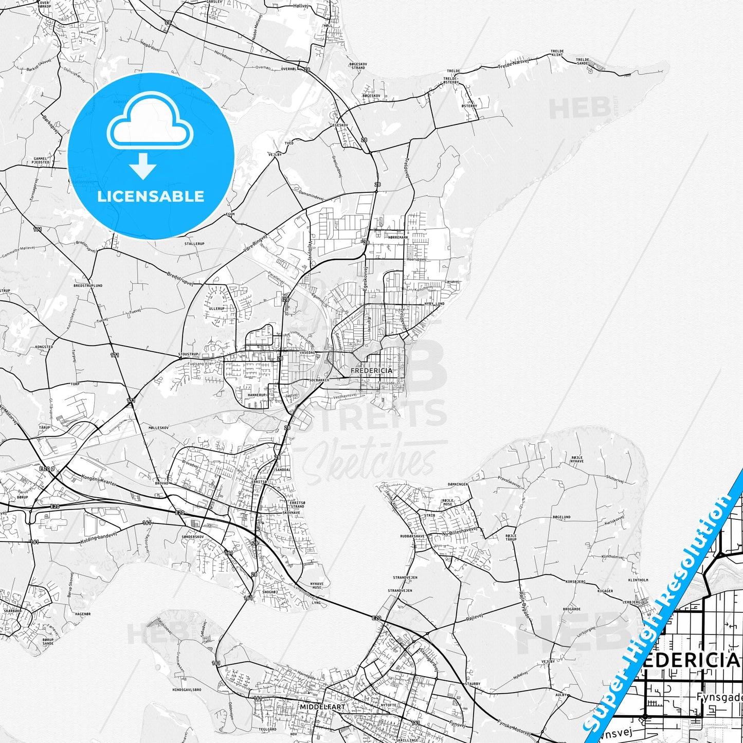 Fredericia, Denmark light map with streetnames, citynames and districts