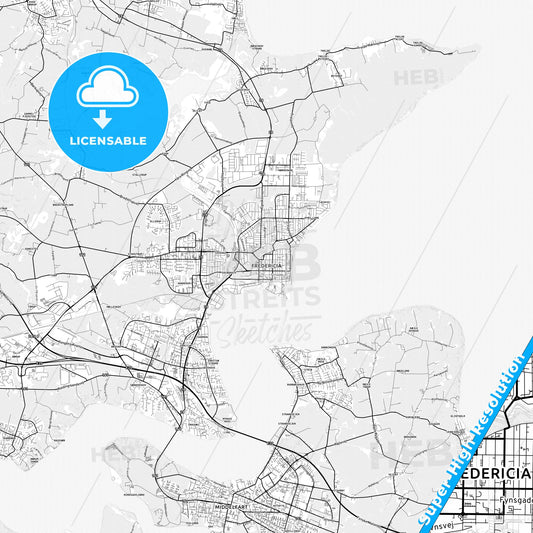 Fredericia, Denmark light map with streetnames, citynames and districts
