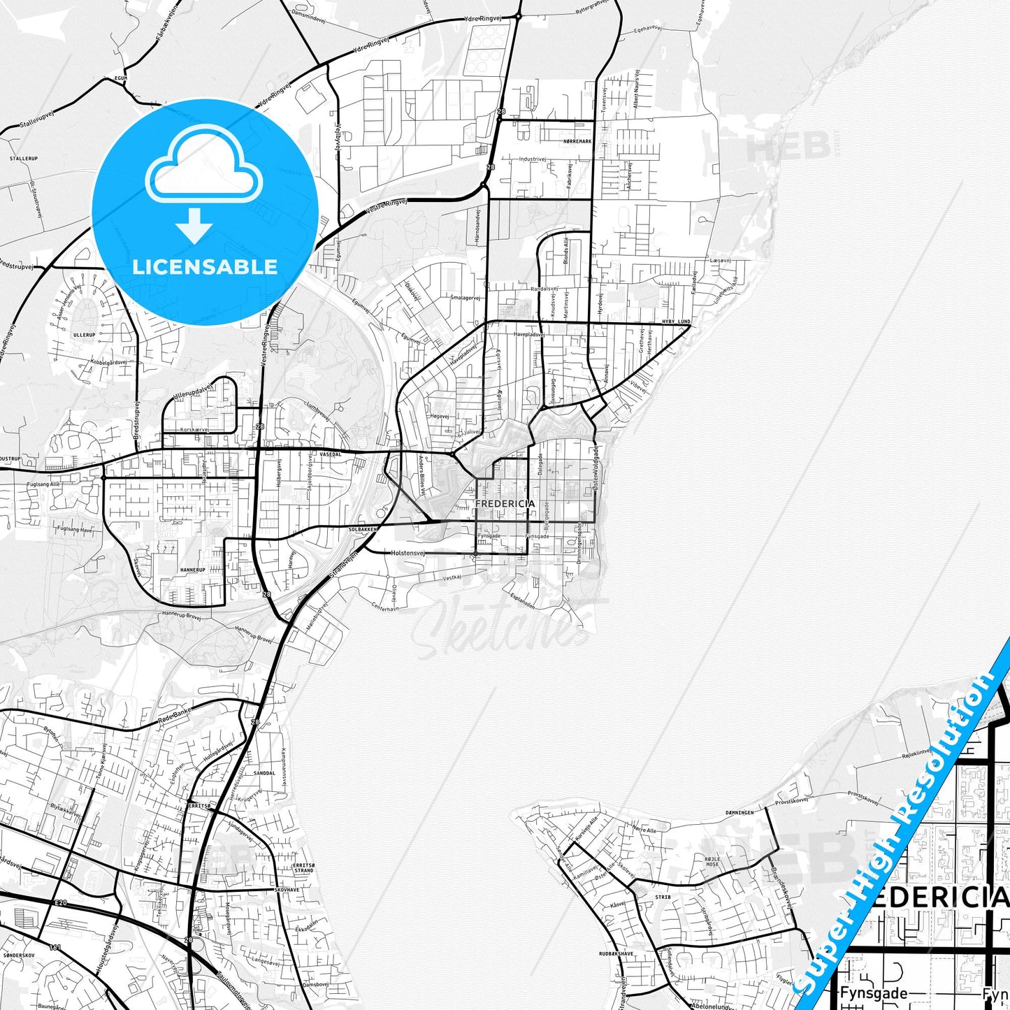 Fredericia, Denmark Light Map with Street Names, City Names, and Districts