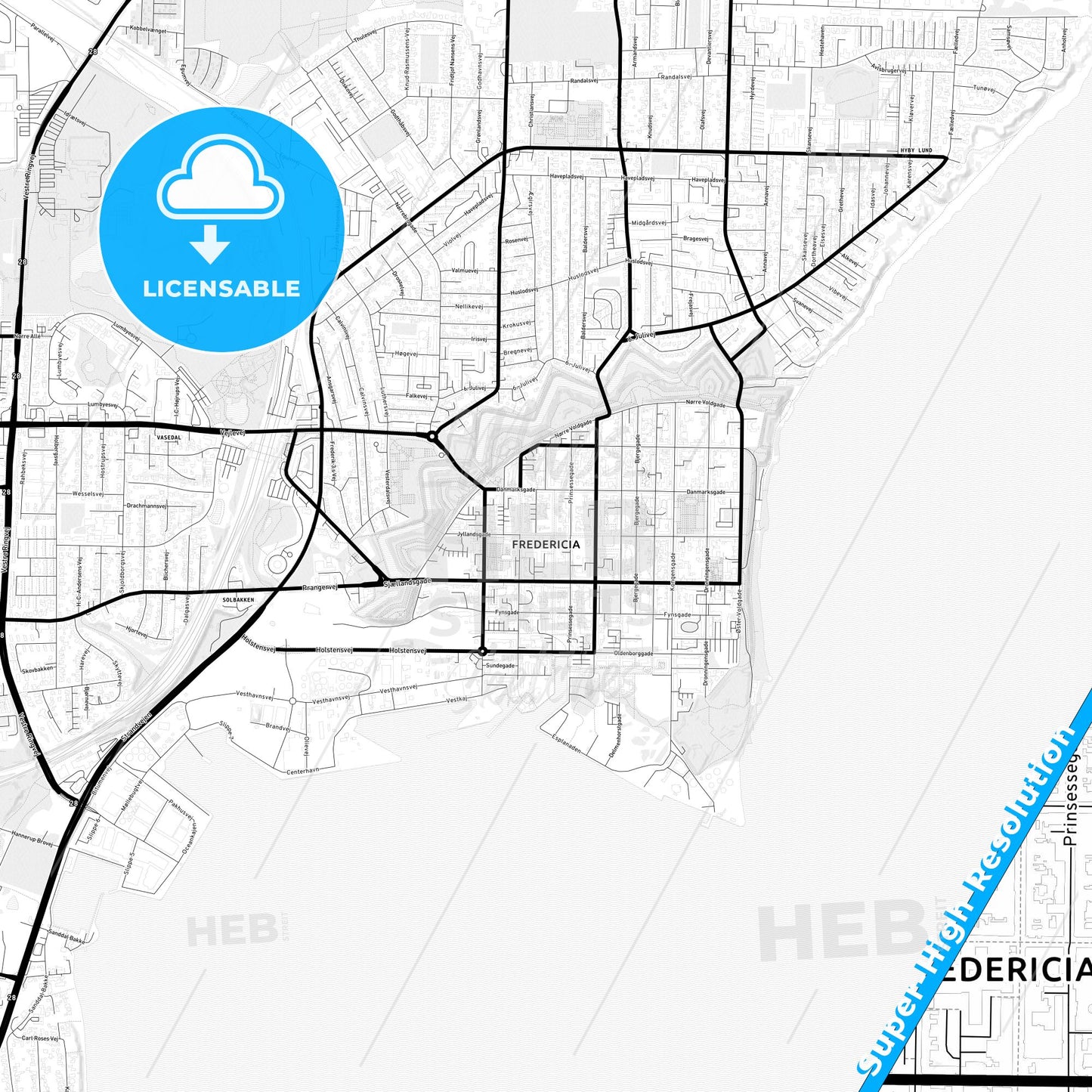 Fredericia, Denmark Light Map with Street Names, City Names, and Districts
