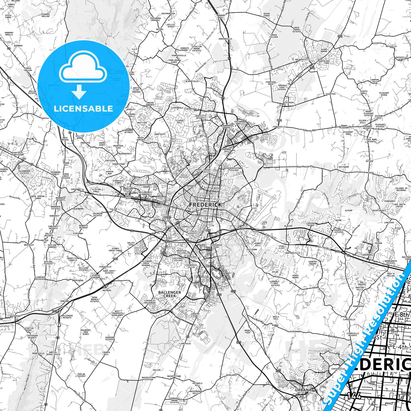 Frederick, Maryland light map with streetnames, citynames and districts