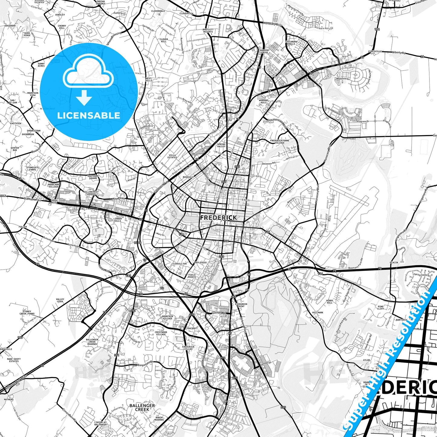 Frederick, Maryland Light Map with Street Names, City Names, and Districts