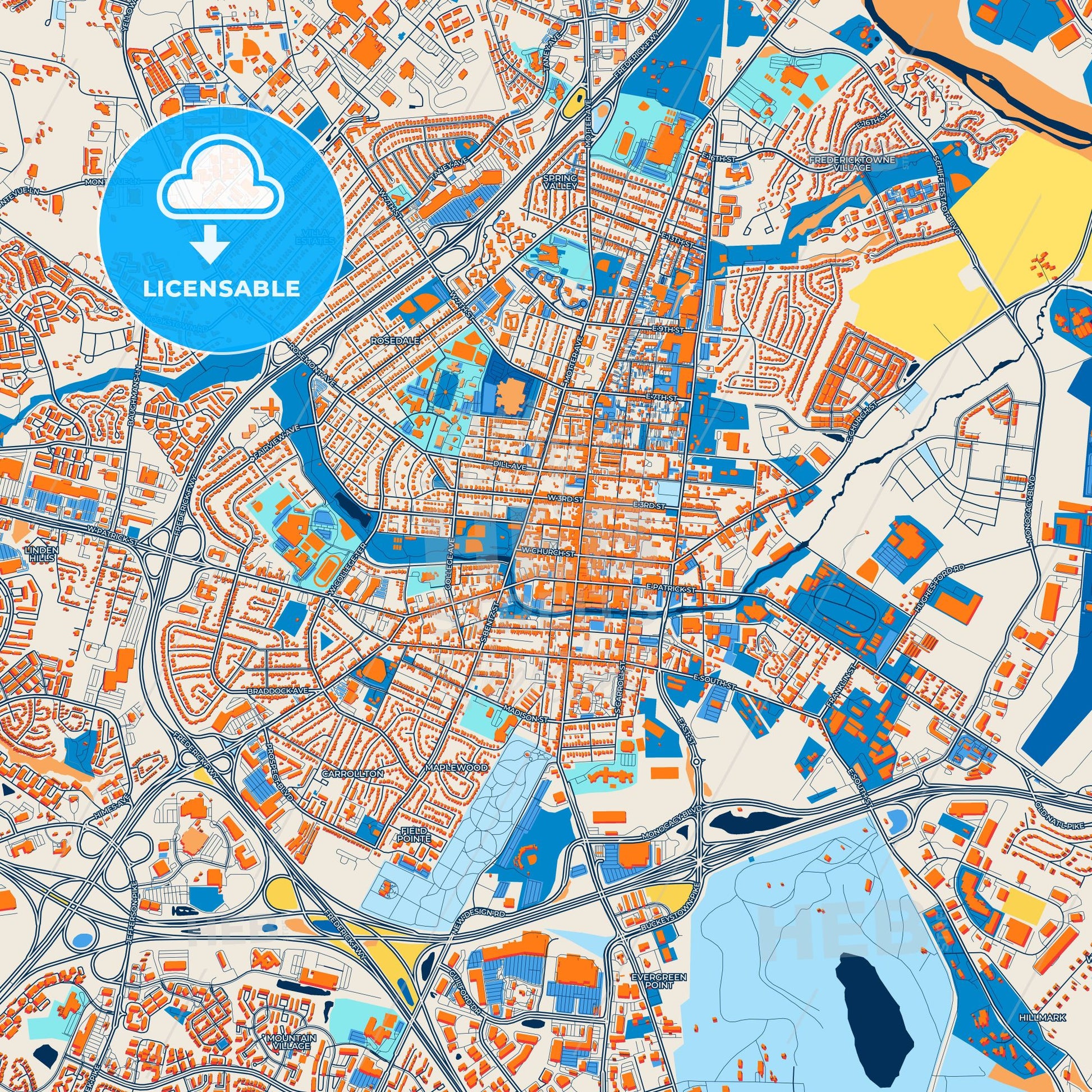 Colorful Frederick Street Map with Labels and Buildings