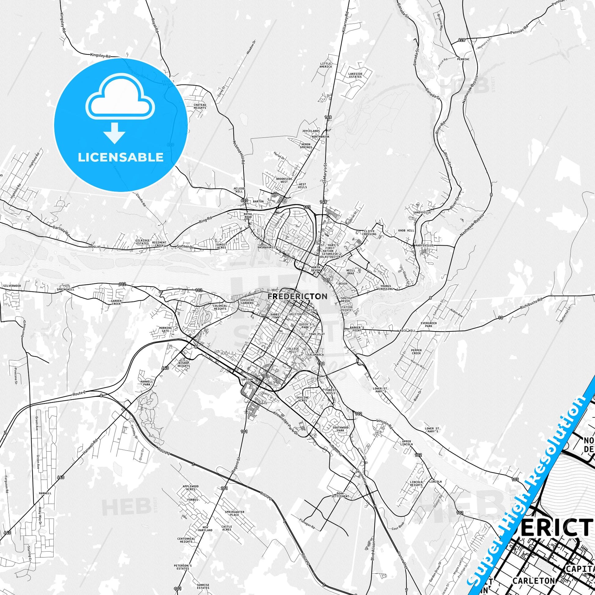 Fredericton, Canada light map with streetnames, citynames and districts