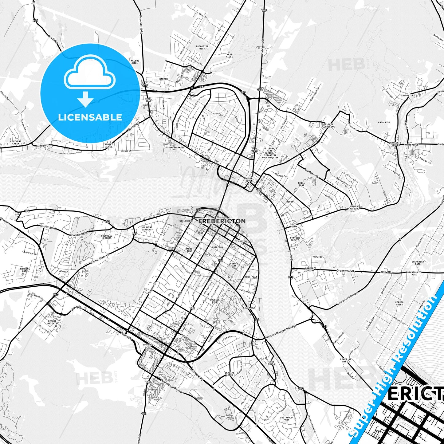Fredericton, Canada Light Map with Street Names, City Names, and Districts