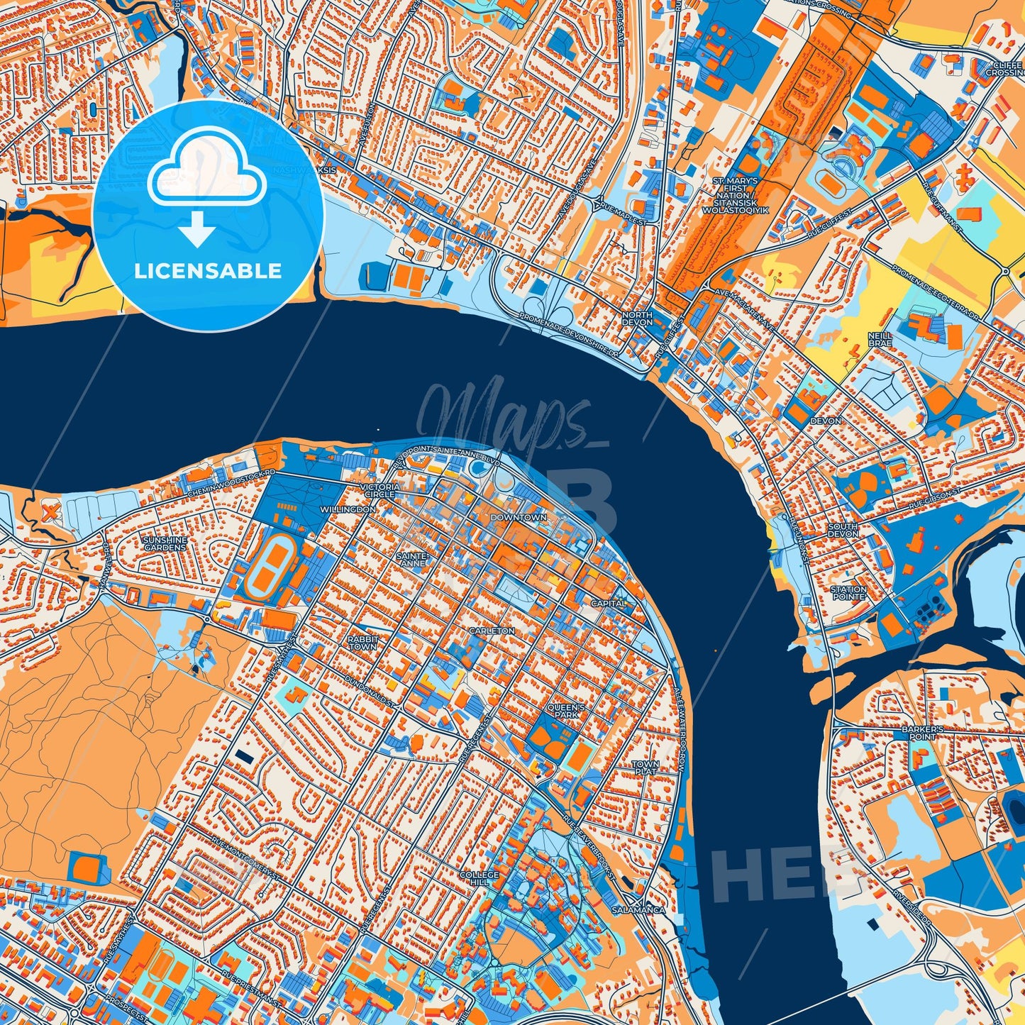 Colorful Fredericton Street Map with Labels and Buildings