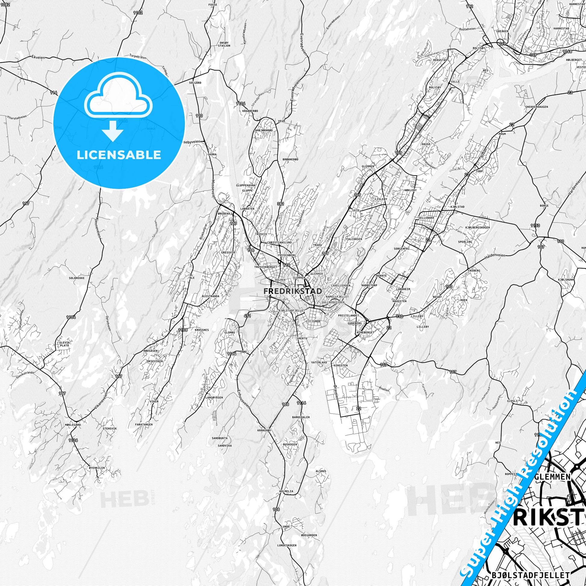 Fredrikstad, Norway light map with streetnames, citynames and districts