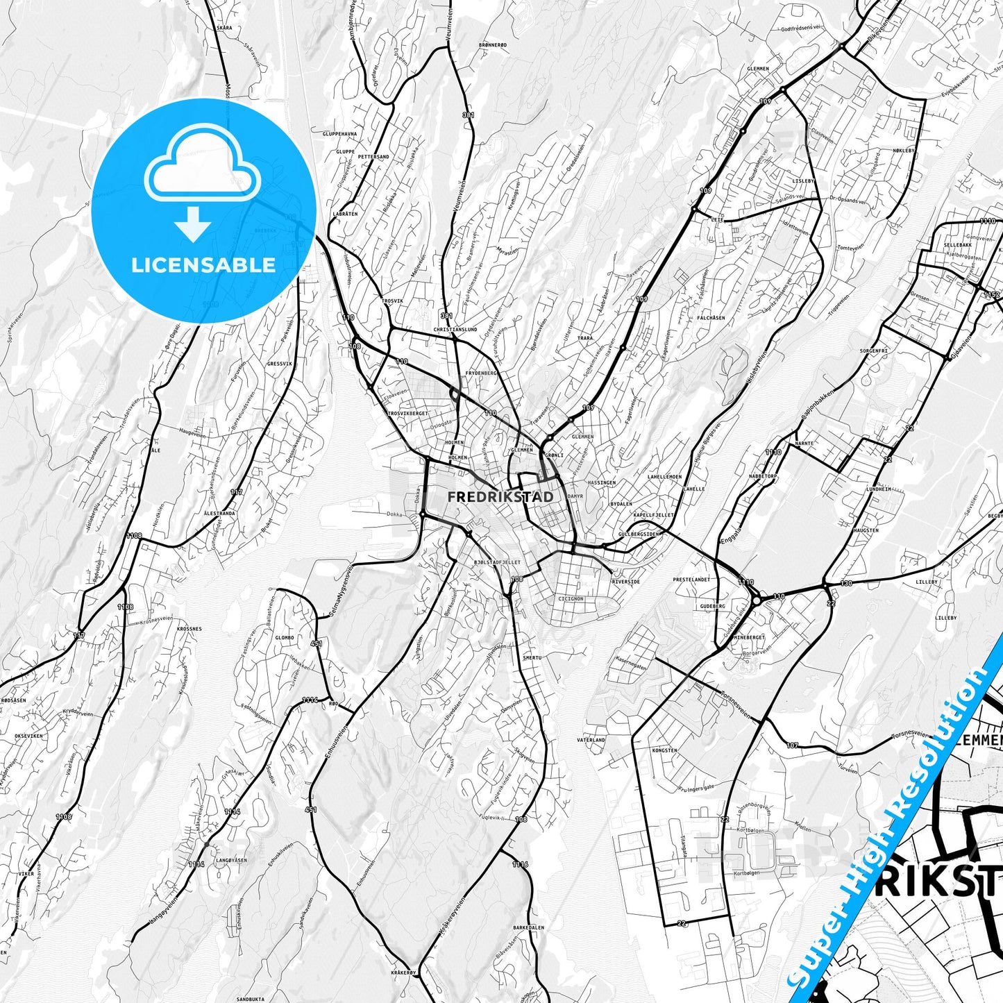Fredrikstad, Norway Light Map with Street Names, City Names, and Districts