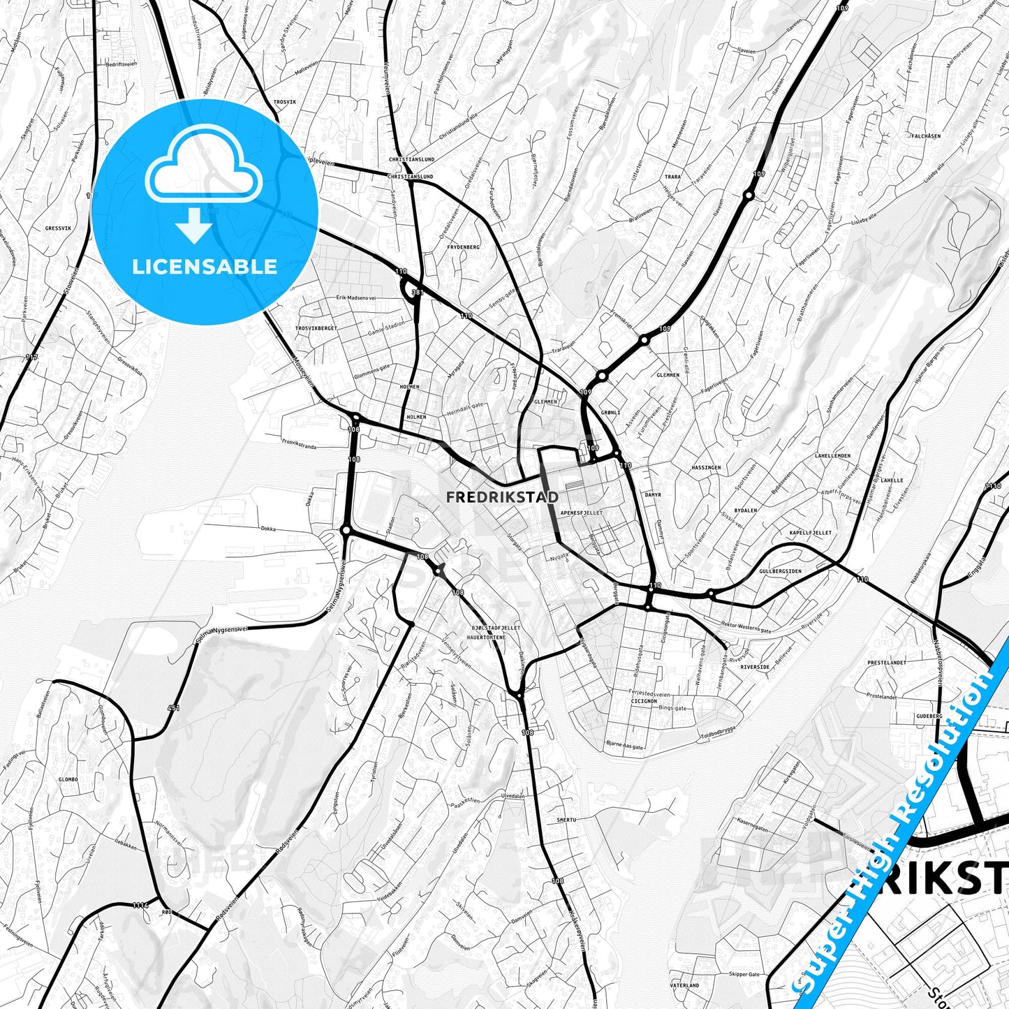 Fredrikstad, Norway Light Map with Street Names, City Names, and Districts