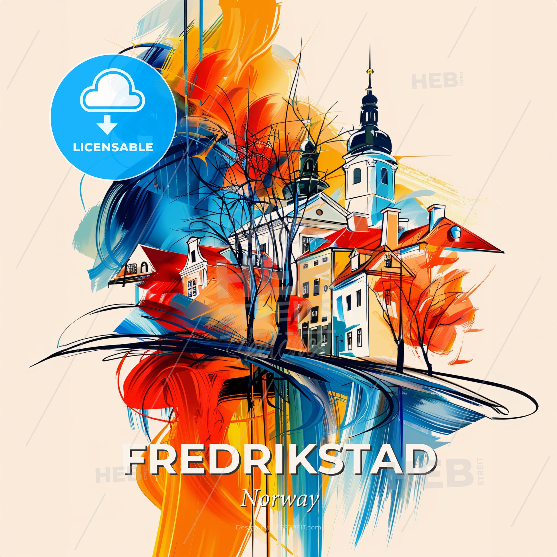 Vibrant Fredrikstad, Norway - A Colorful Painting Of Buildings And Trees - Square format print template