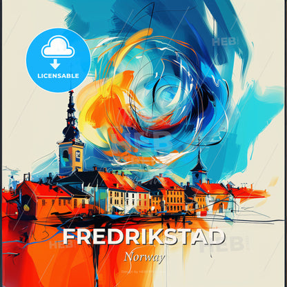 Vibrant Fredrikstad, Norway - A Painting Of A Town With A Tower And A Colorful Swirl - Square format print template