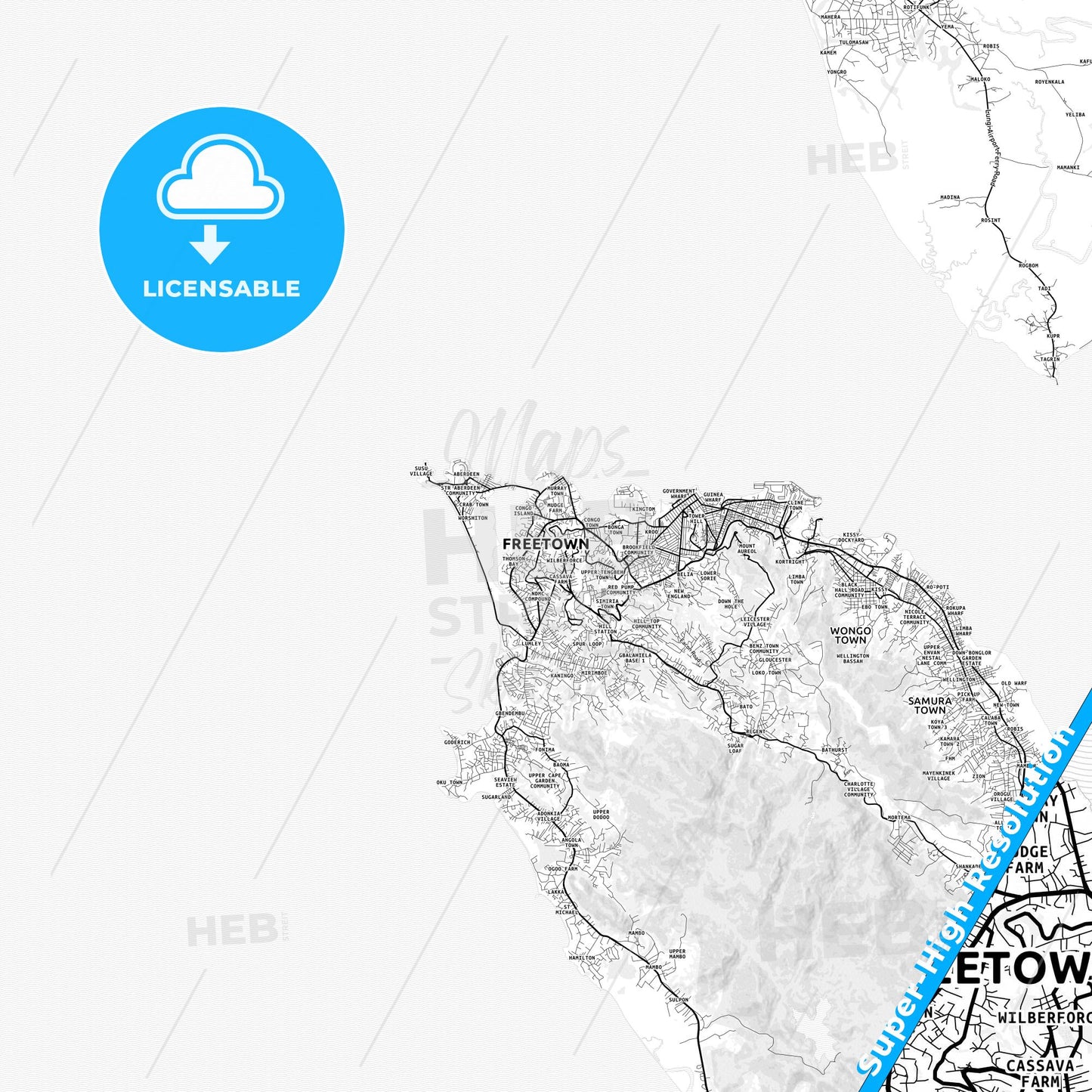 Freetown, Sierra Leone light map with streetnames, citynames and districts