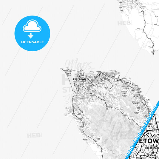Freetown, Sierra Leone light map with streetnames, citynames and districts